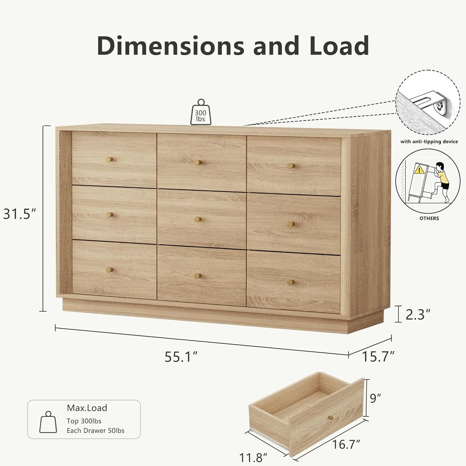 9 Drawer Dresser, Mid Century Modern Dresser with Storage, 55 Wide Chest of Drawers with Wood Grain Texture, Dressers TV Stand for Bedroom, Living Room, Hallway, White Oak