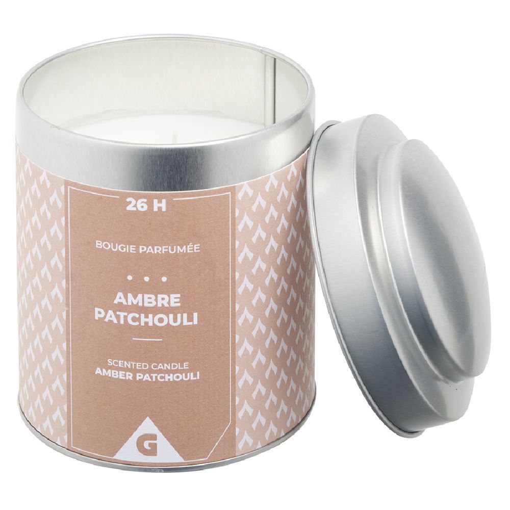 Bougie parfumée pot métal gris et moutarde senteur ambre patchouli 26H