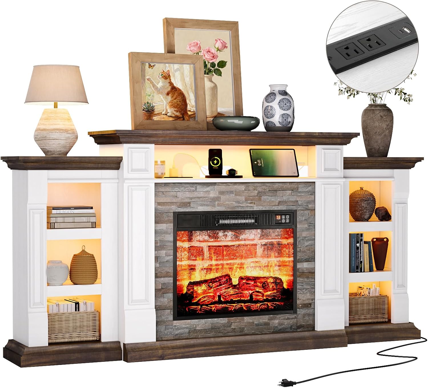 72'' Fireplace TV Stand with Outlet & LED, Electric Fireplace with Mantel, Entertainment Center with Storage for TVs Up to 80 Inch, 23'' Fireplace Heater Insert with 3D Flame Effect for Living Room