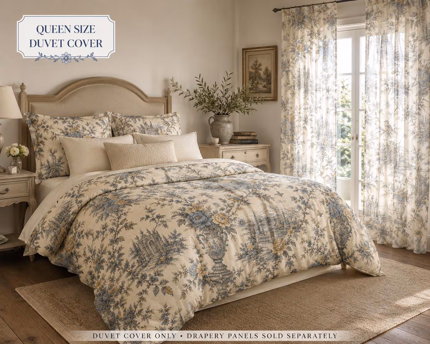 Vintage Toile Cotton Duvet Cover | French Country Floral Bedding | Cottage Bedroom Decor | Duvet Cover Only