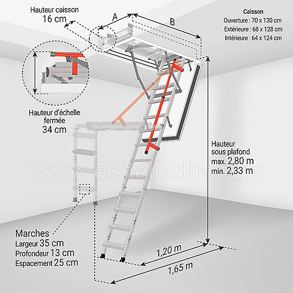 Escalier coupe feu 120min - Hauteur sous plafond 2.80m - Trémie 70x130cm - LMF70130-280