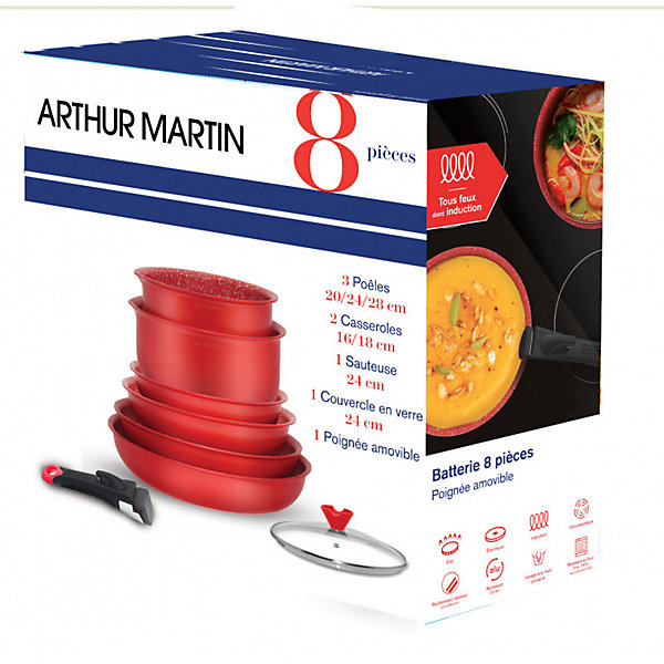 Batterie de cuisine avec manche amovible 8 pièces Rouge Arthur Martin AMR88