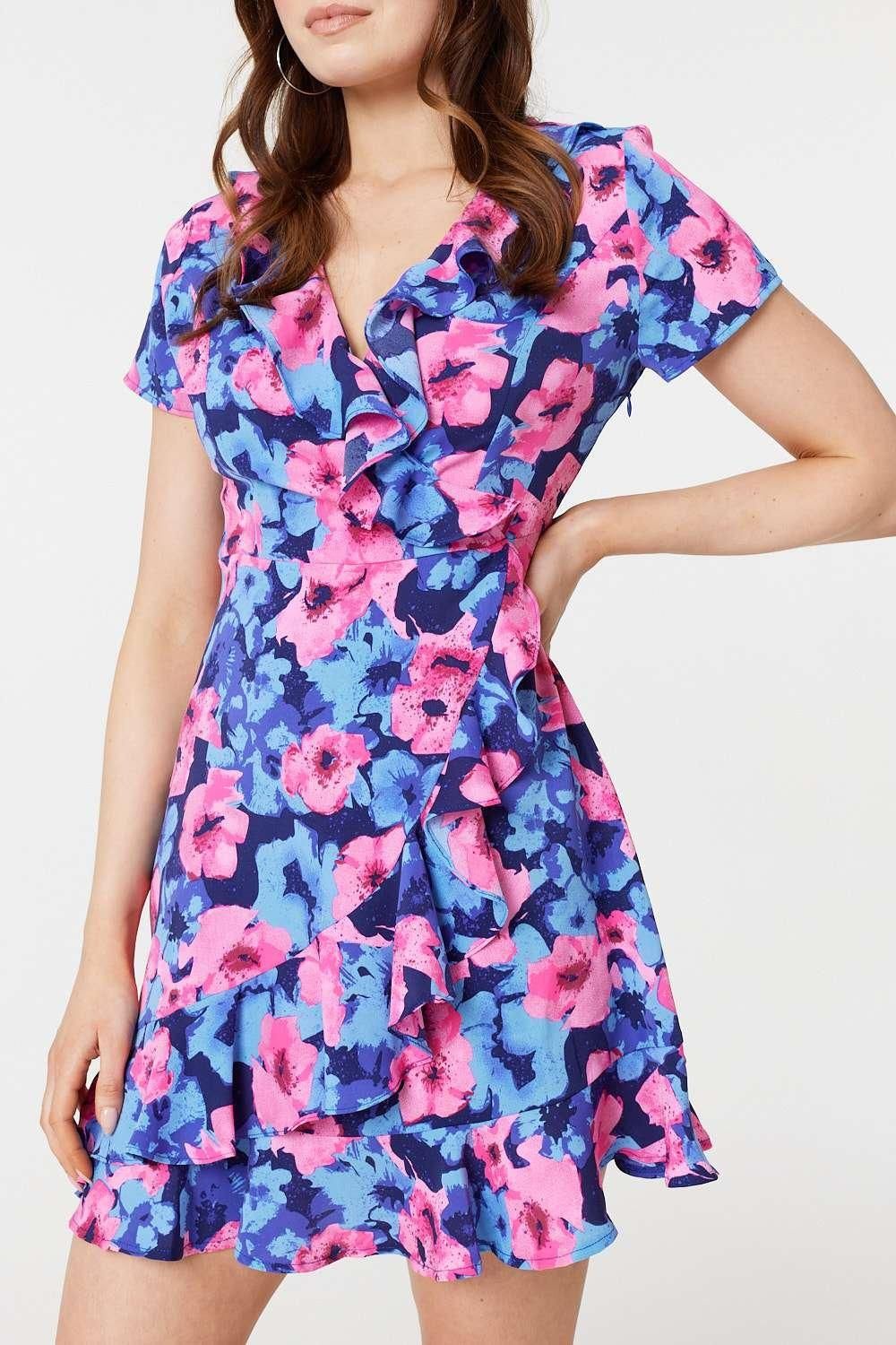 Izabel London Floral Frill Faux Wrap Short Dress