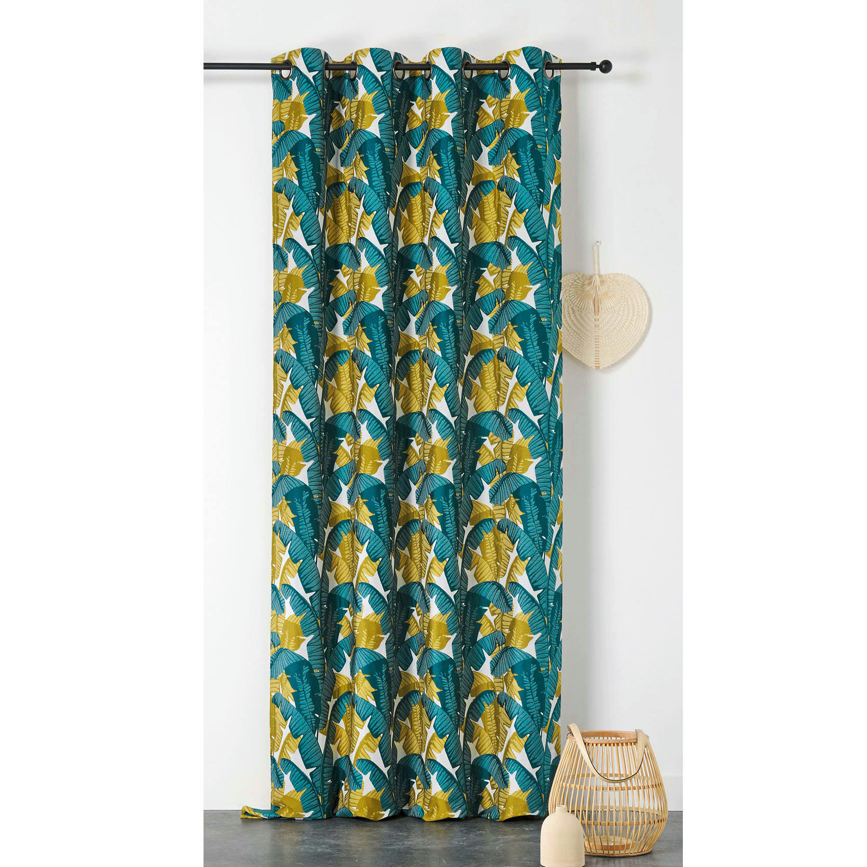 - Rideau imprimé bananier polyester vert emeraude 140x240 cm