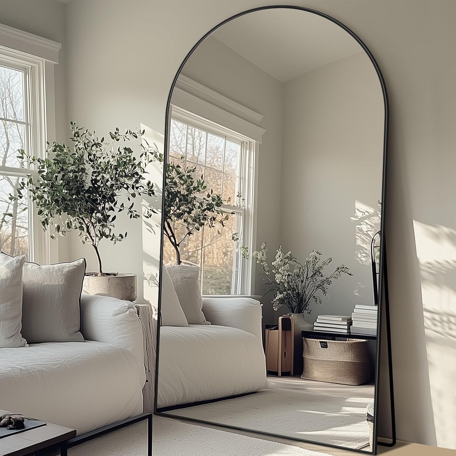 Full Length Mirror, 83x44 Floor Mirror Freestanding, Oversized Floor Standing Full Body Mirror with Stand for Bedroom, Hanging Mounted for Living Room Cloakroom, Black, Arched