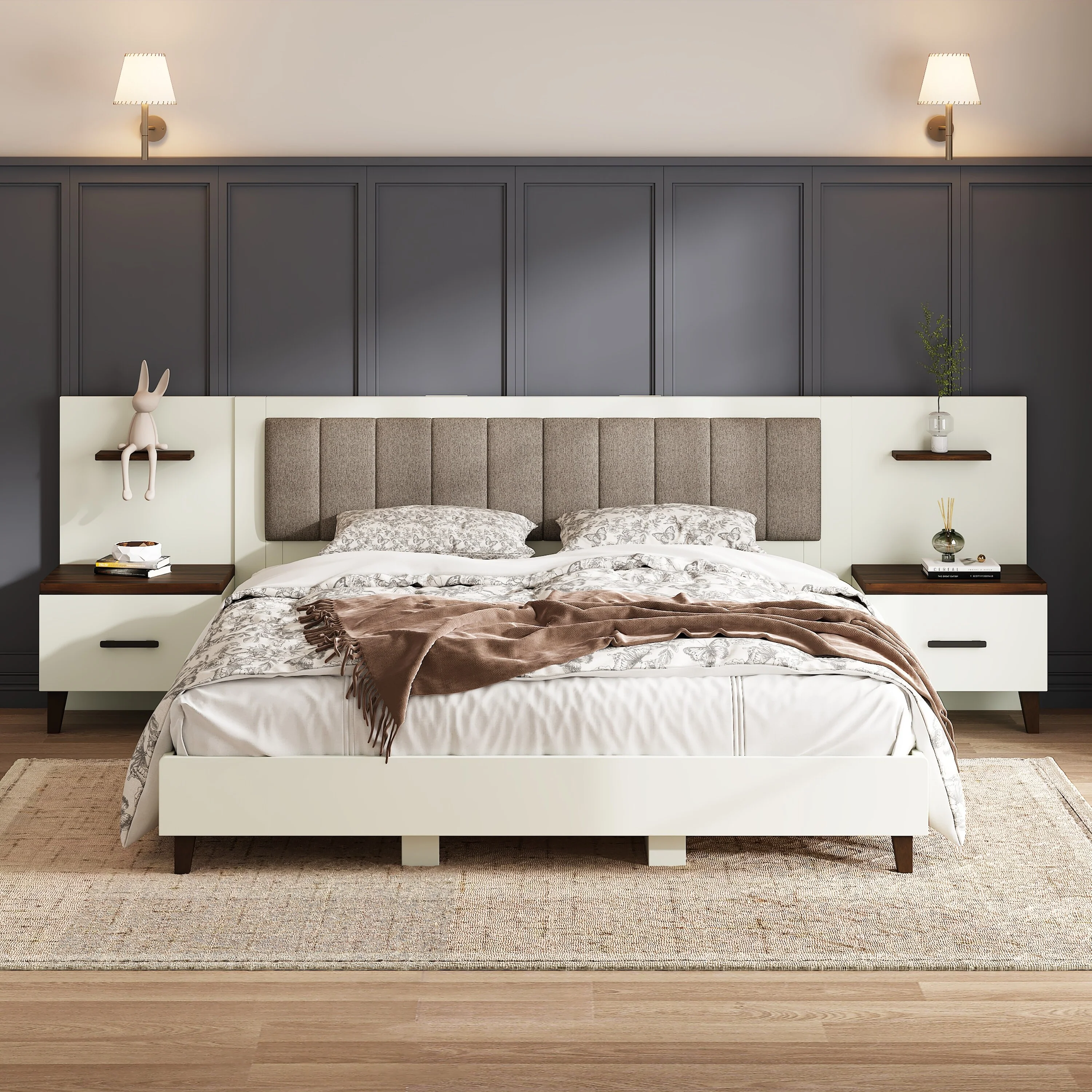 Christopher Knight Home- Orinthia Upholstered Bed Frame with 2 Nightstands