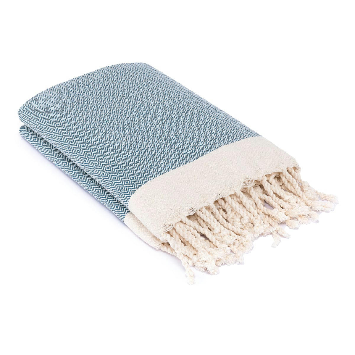 COURCHEVEL - Plaid coton  130x170 bleu pétrole / écru