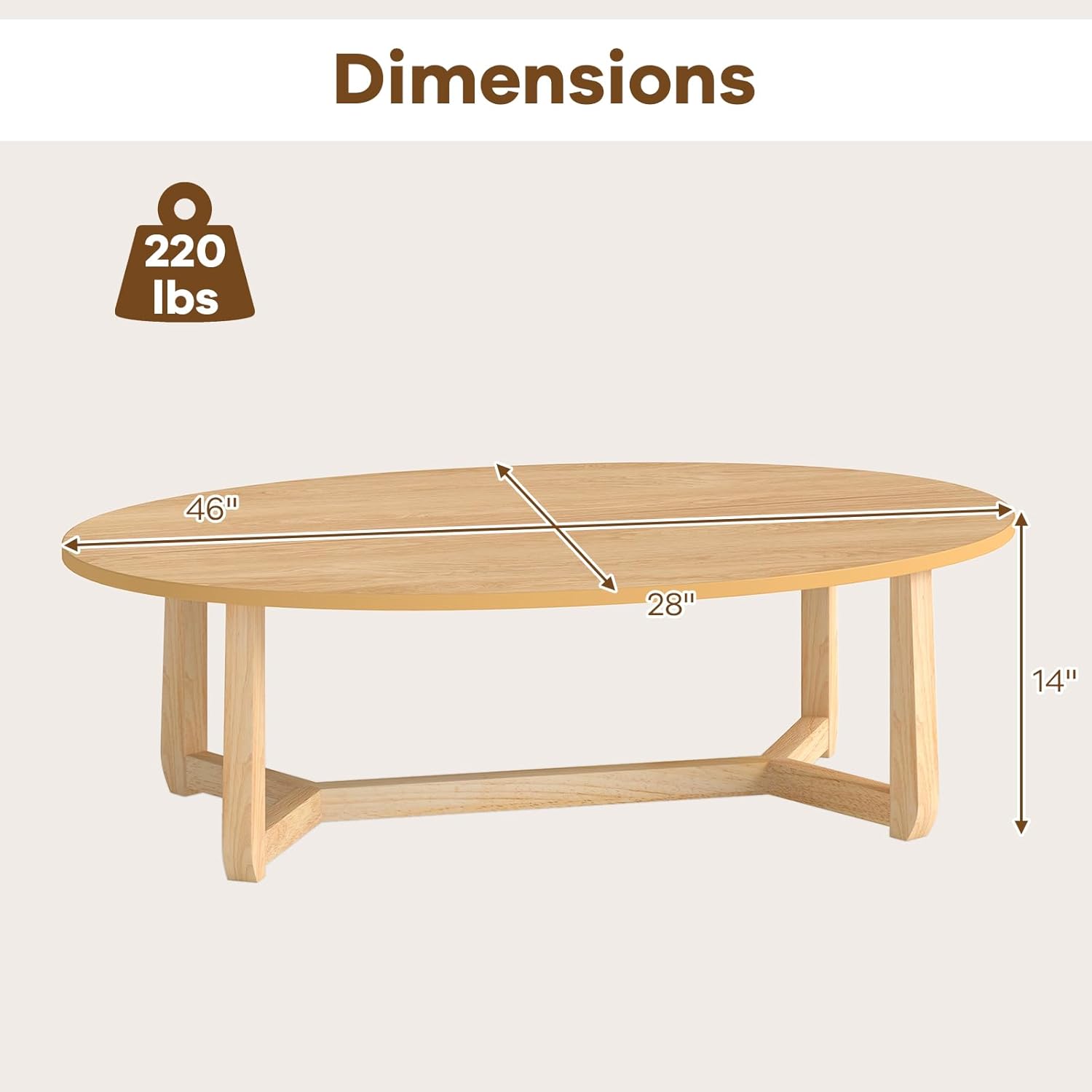 Giantex Oval Coffee Table, 46'' Wood Center Table with Thickened Top & Solid Rubber Wood Frame, Low Profile Cocktail Accent Table, Modern Living Room Table, Natural