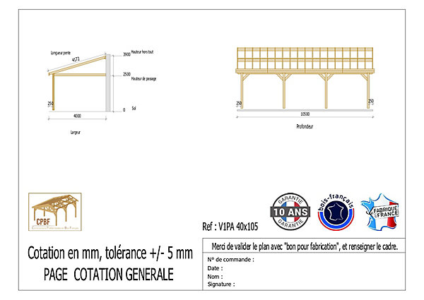 Carport adossé une pente 400cmx400cm, bois DOUGLAS Français (Charpente en bois-auvent-abri voiture) 16 m². Garantie 10 ans