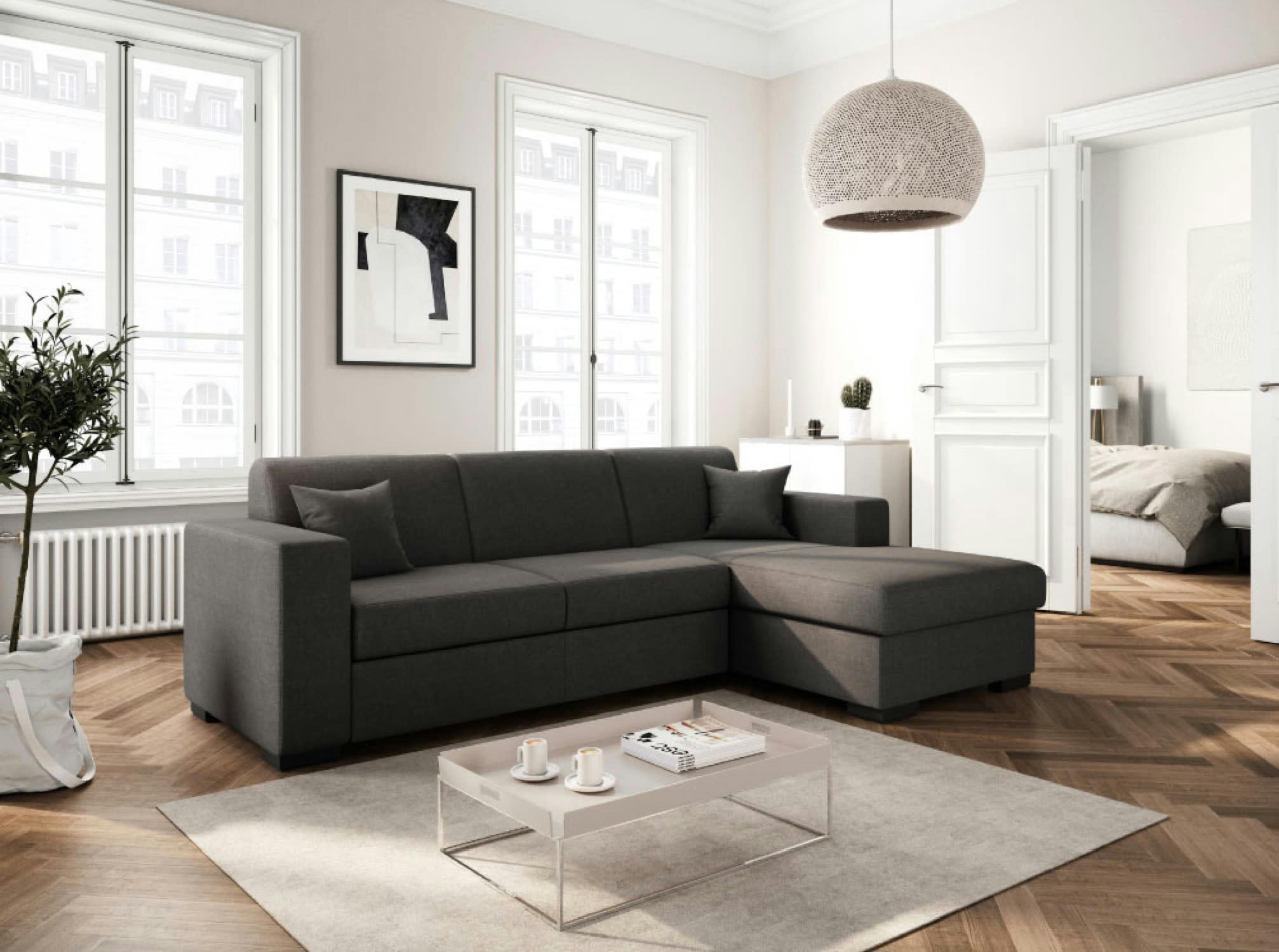 FUJI - Canapé d'angle droit convertible 4 places en tissu gris foncé