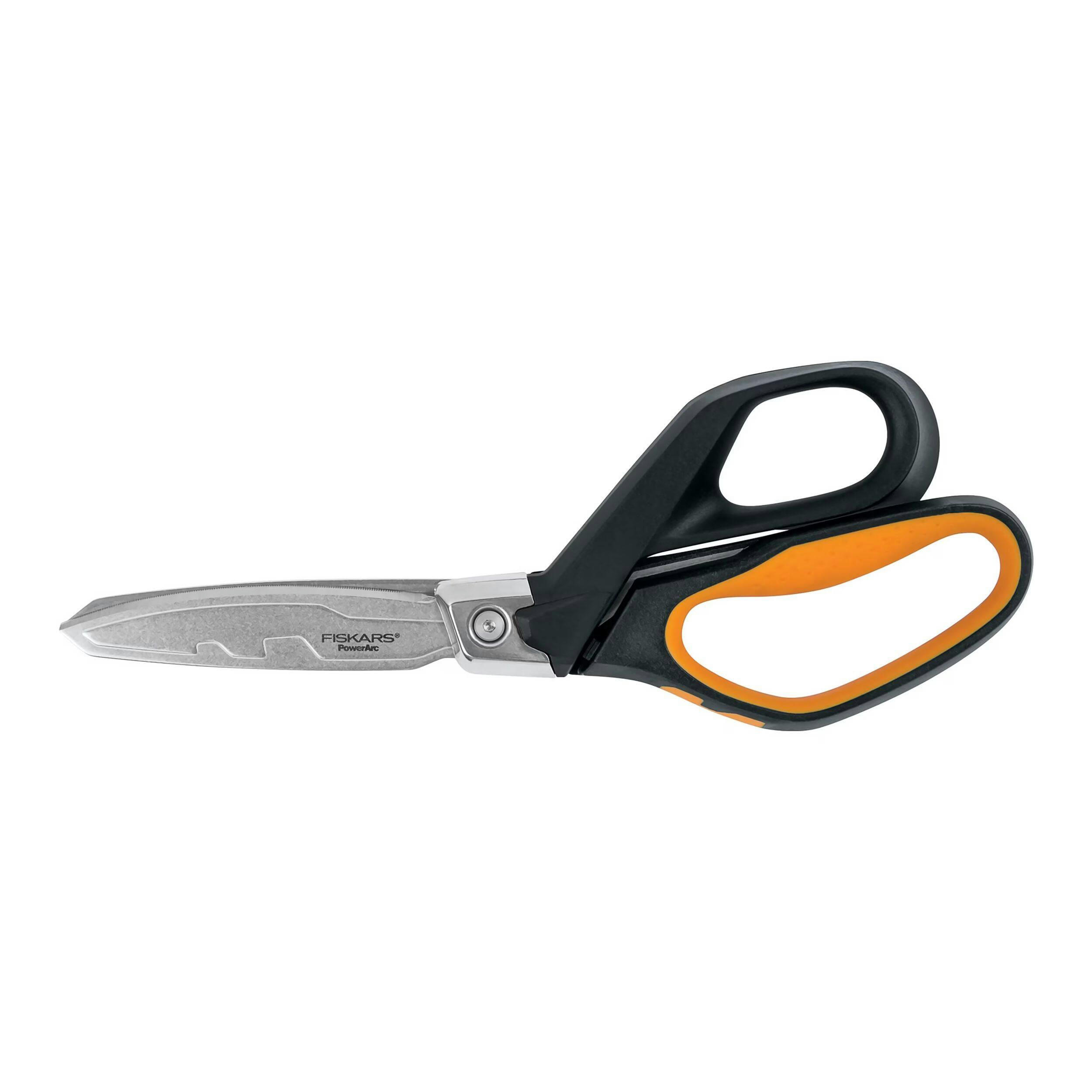 Fiskars PowerArc Heavy-Duty Stainless-Steel Soft-Grip Scissors, 10-in, Black/Orange