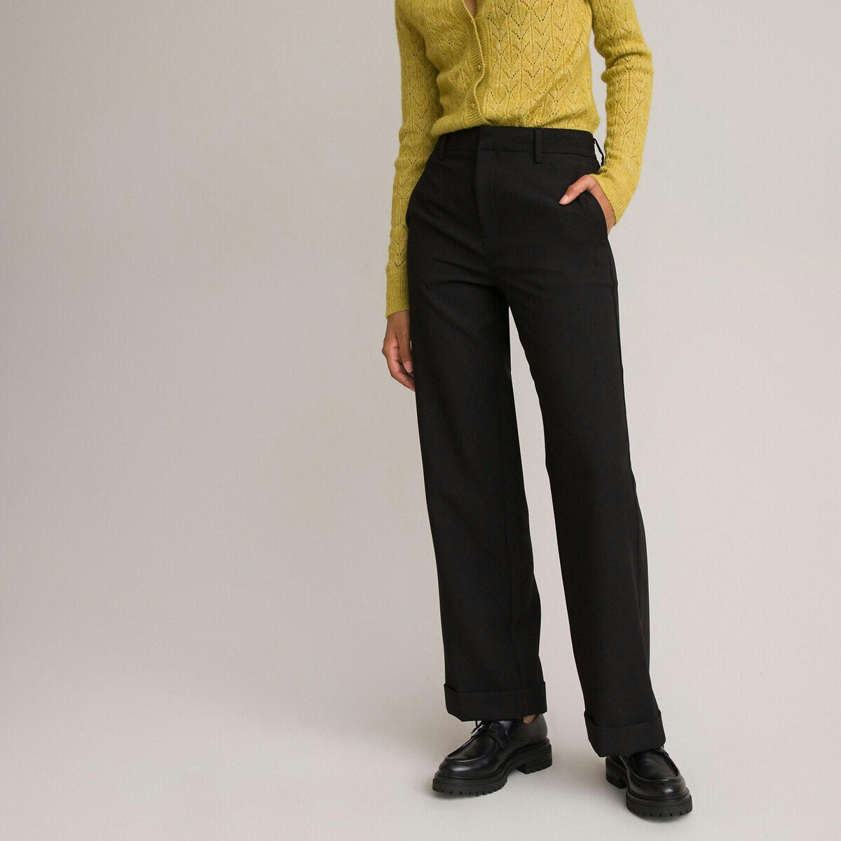 Pantalon droit à revers en polyviscose