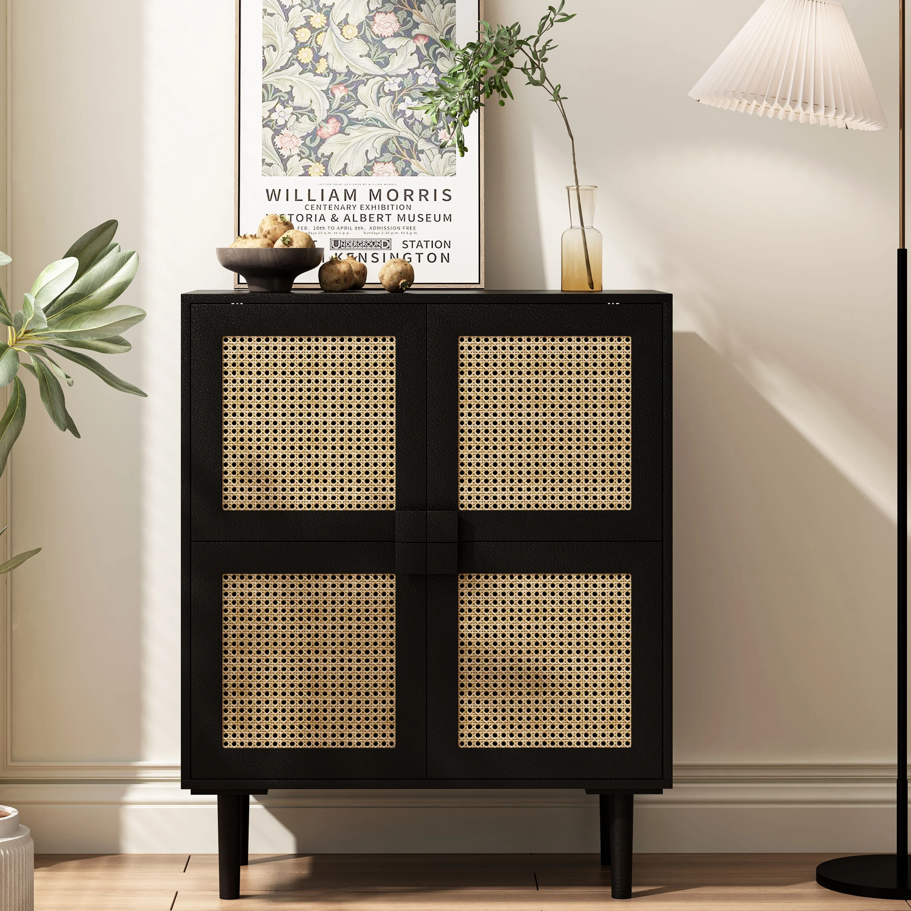 Modern Storage Cabinet with Adjustable Shelves and Four Rattan Mesh Decorative Doors