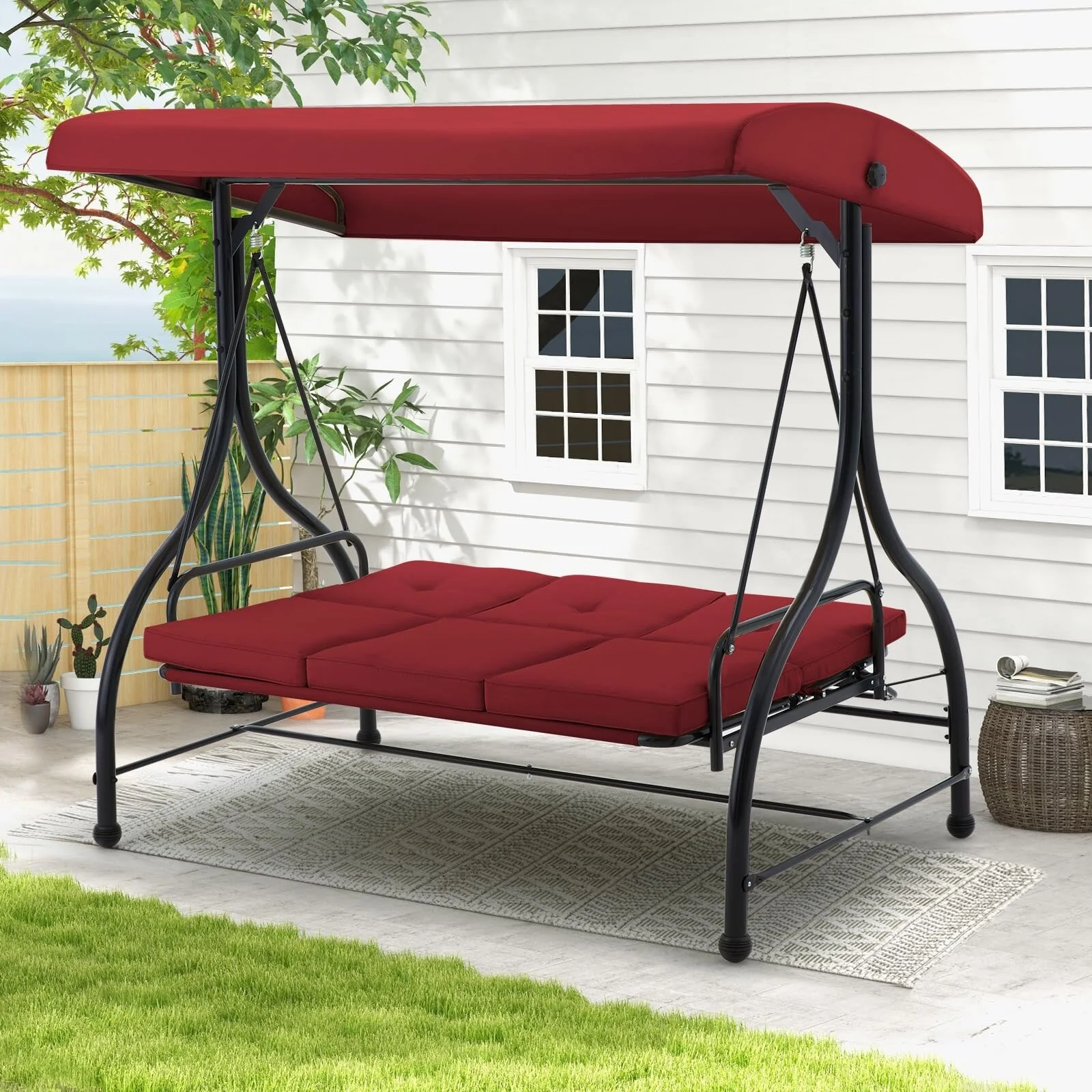3-Seat Metal Patio Swing, Outdoor Porch Swing Glider with Cushions