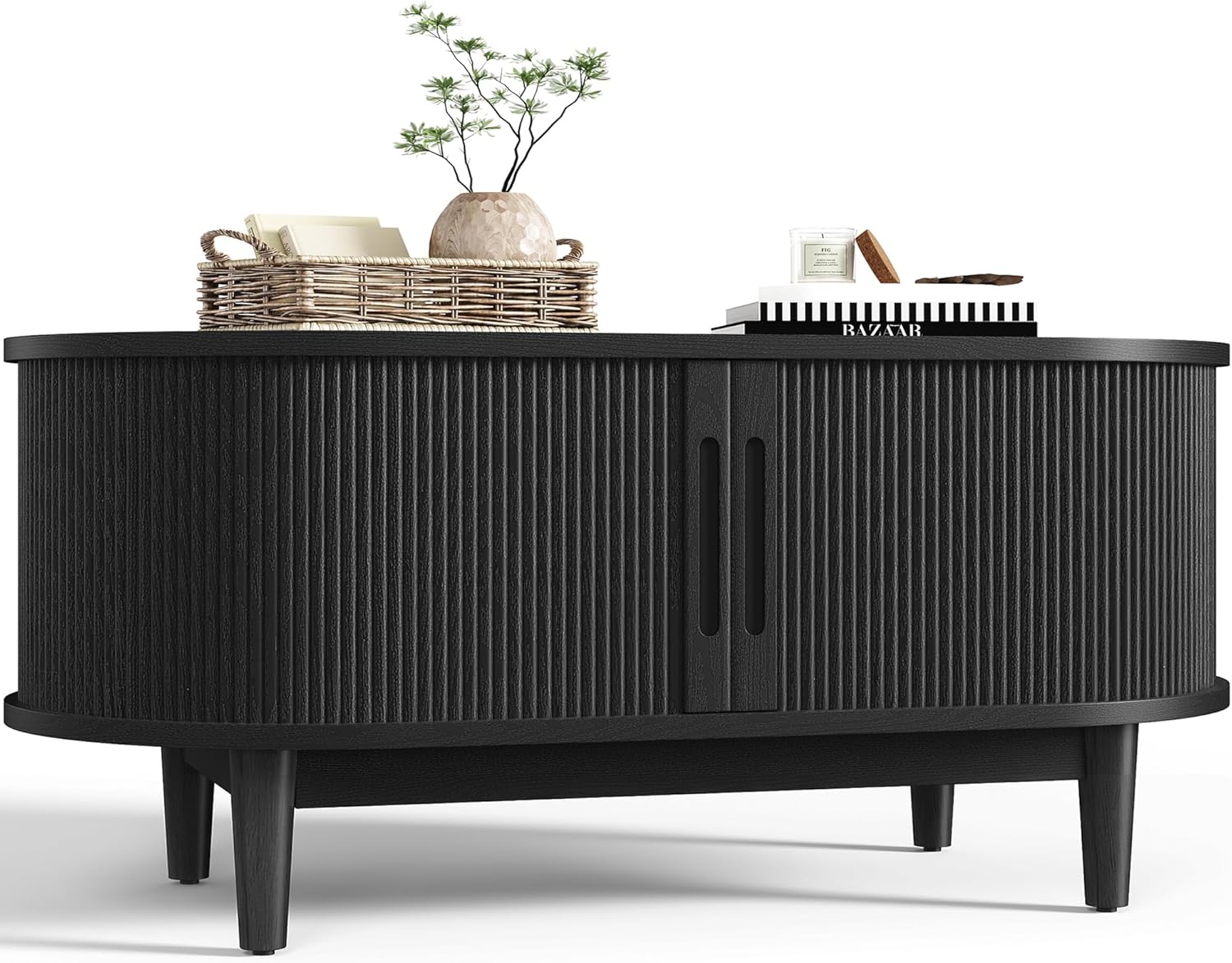 LINSY HOME Round Coffee Table, 31.5 Drum Coffee Table with Sliding Tambour Door, Fluted Accent Center Table with Storage, Mid Century Modern Coffee Table for Living Room (Oval Black)