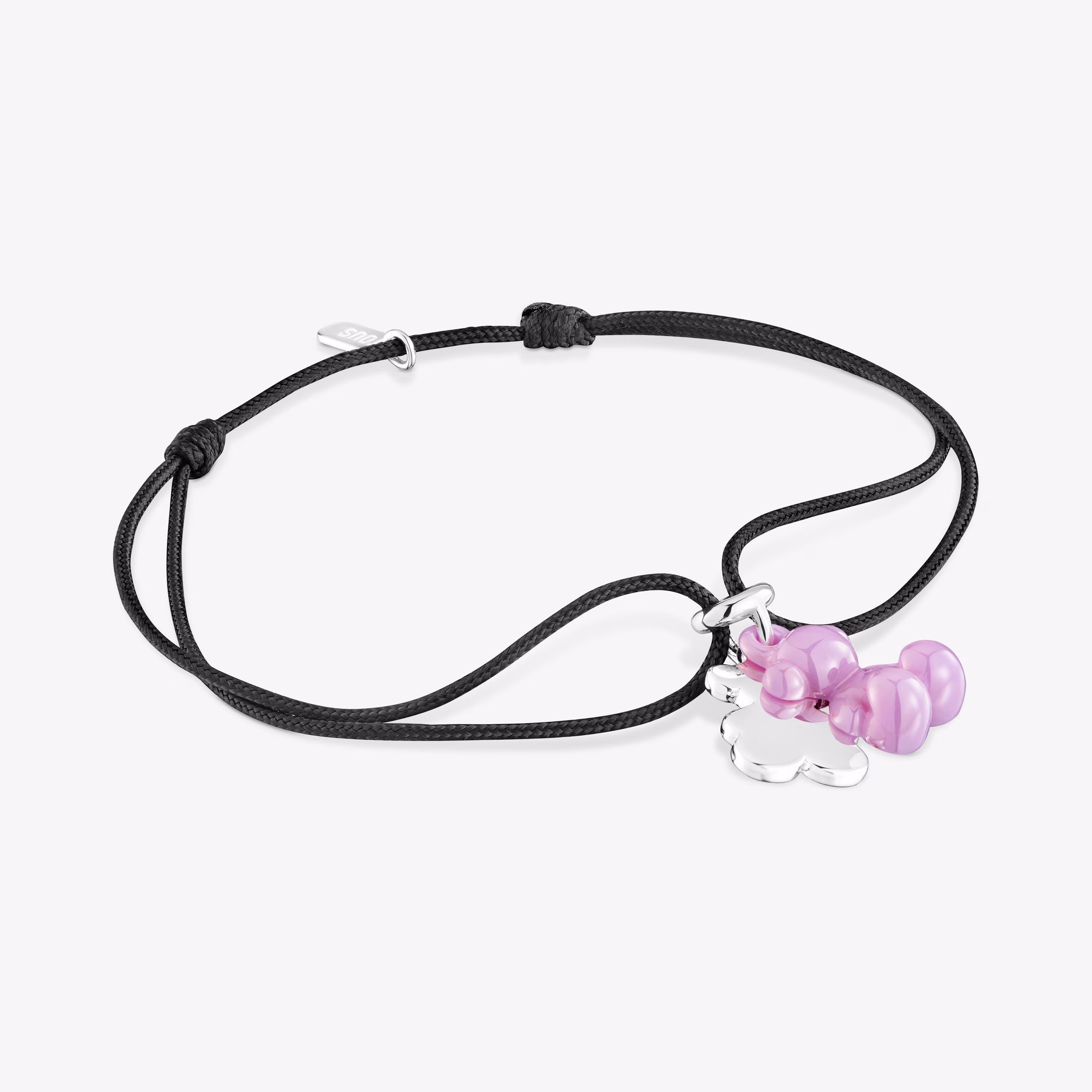 Pulsera doble oso de plata con cerámica lila y nylon negro Bold Bear