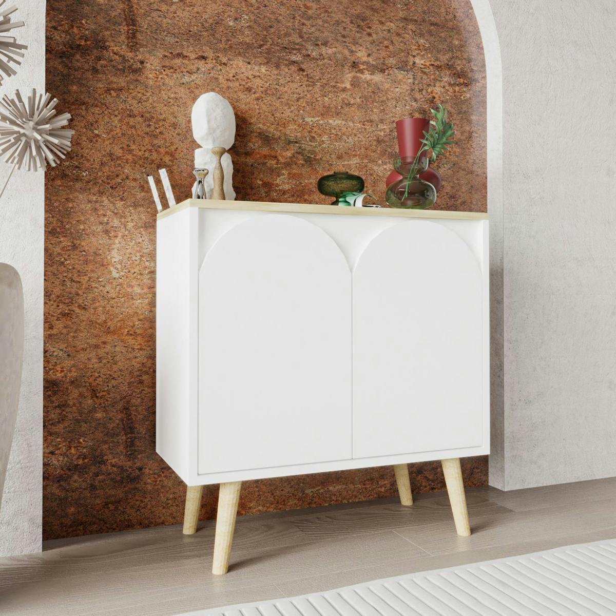 Petit buffet blanc 2 portes, plateau effet bois clair MARFA