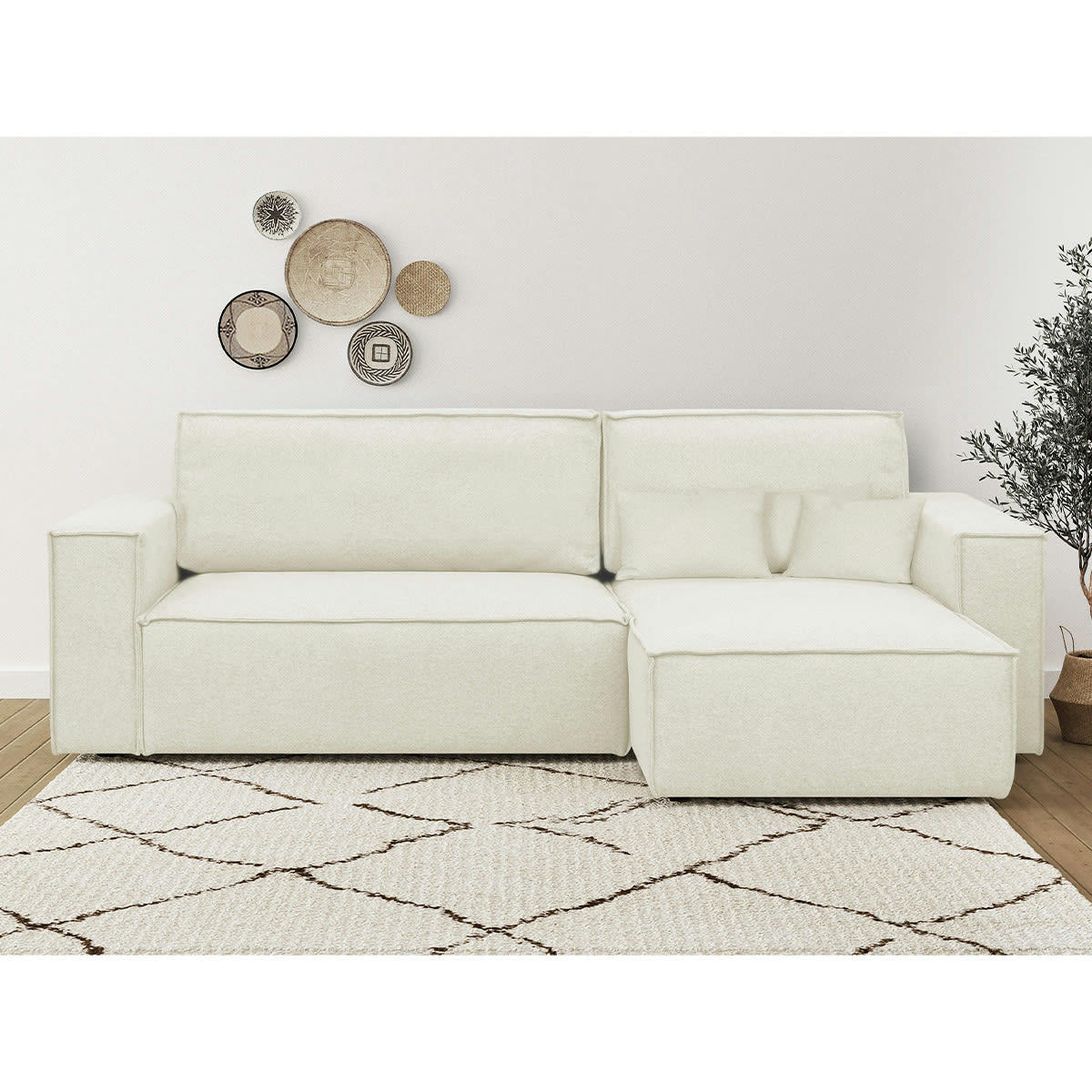 LIVIA NEW - Canapé d'angle convertible 4 places en tissu ivoire