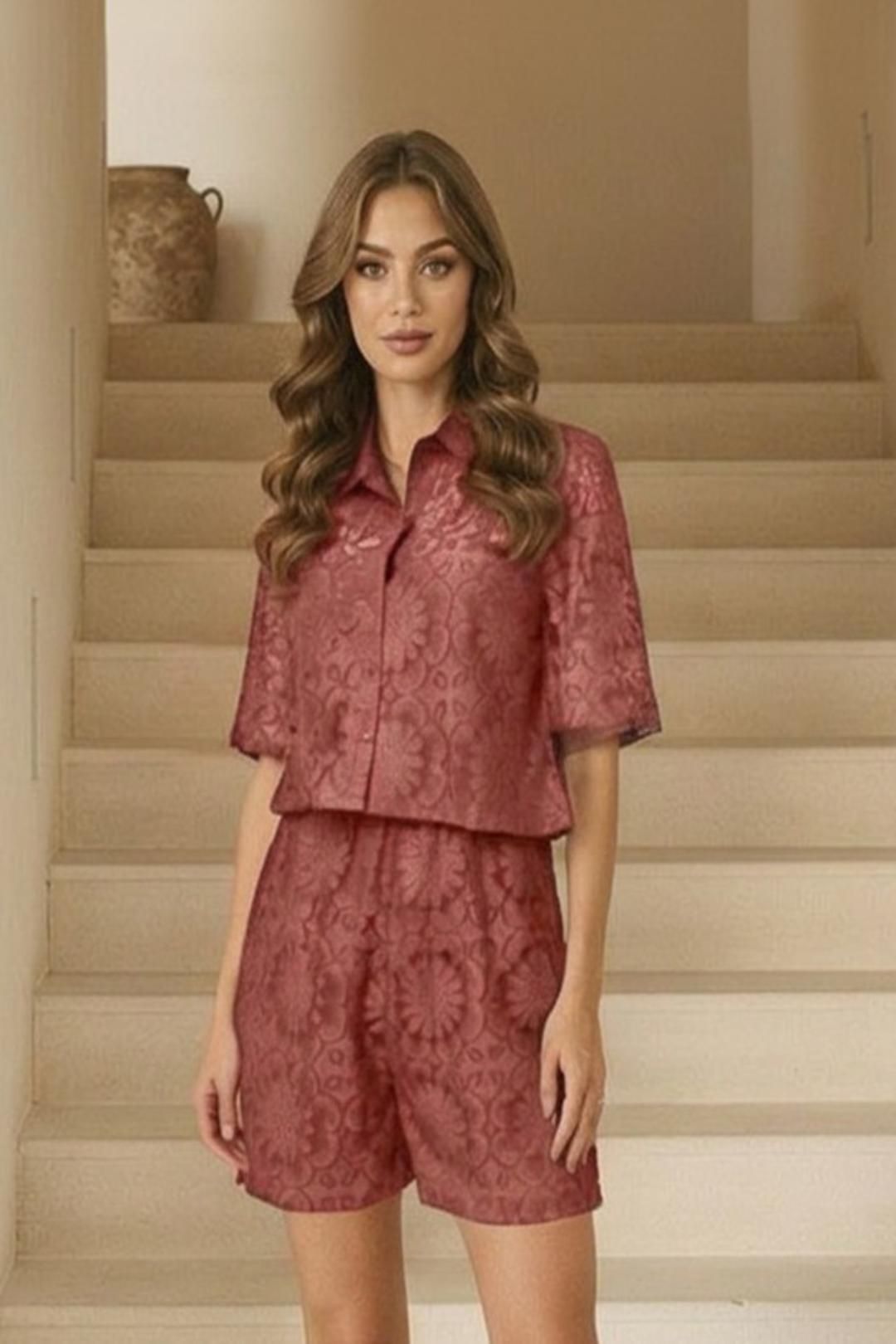 Chi Chi London Crochet Shirt Co Ord in Chocolate