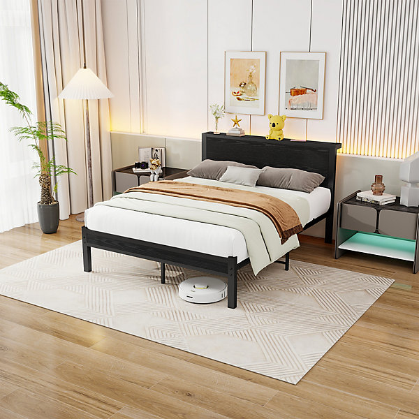 Lit 140x200 cm avec rangement et tête de lit en MDF, cadre métal noir, design moderne et intemporel