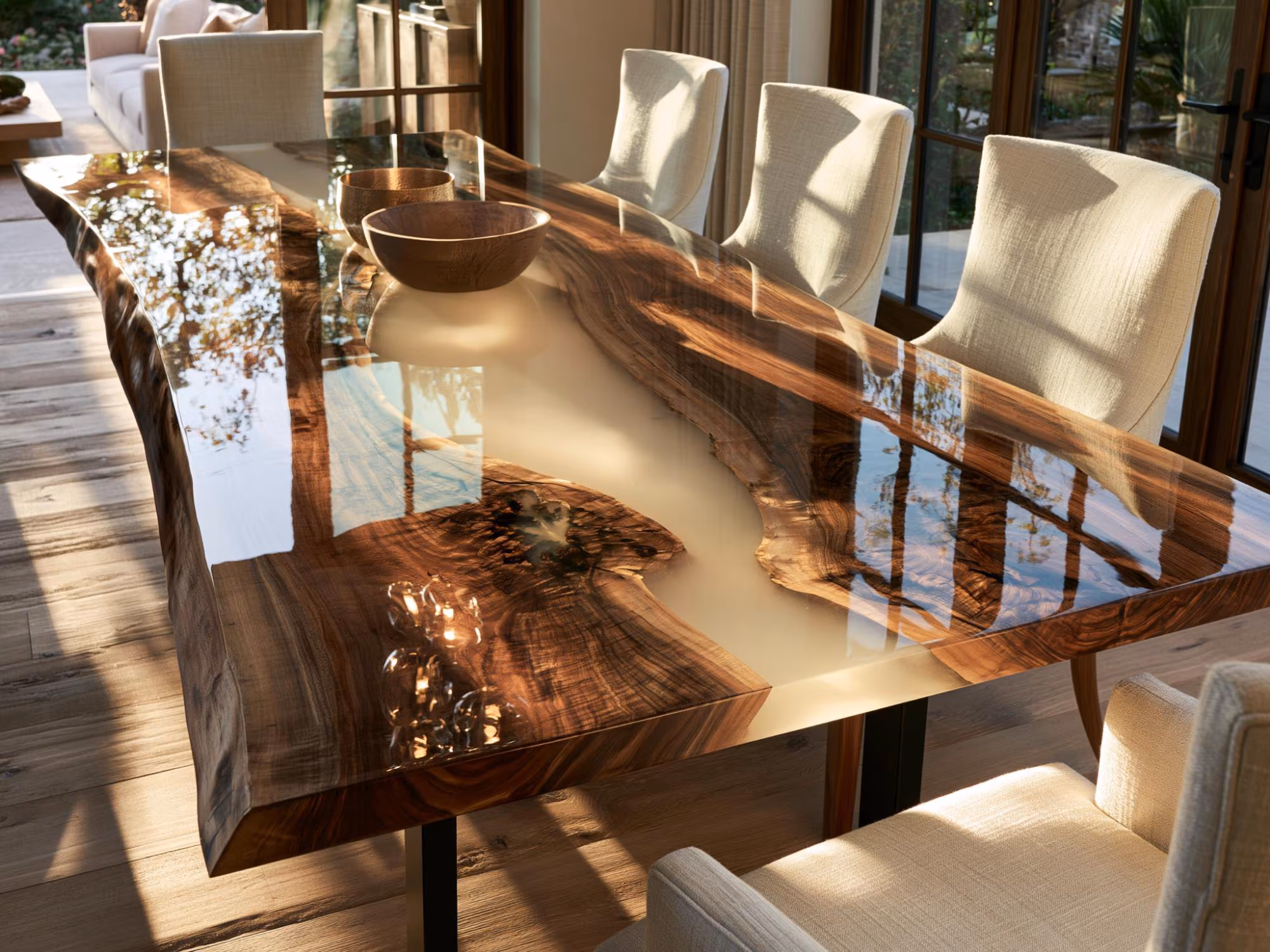 Walnut Live Edge Epoxy River Dining Table, Custom Resin Kitchen Table, Handmade Wood Table, Luxury Modern Dining Room Furniture Decor