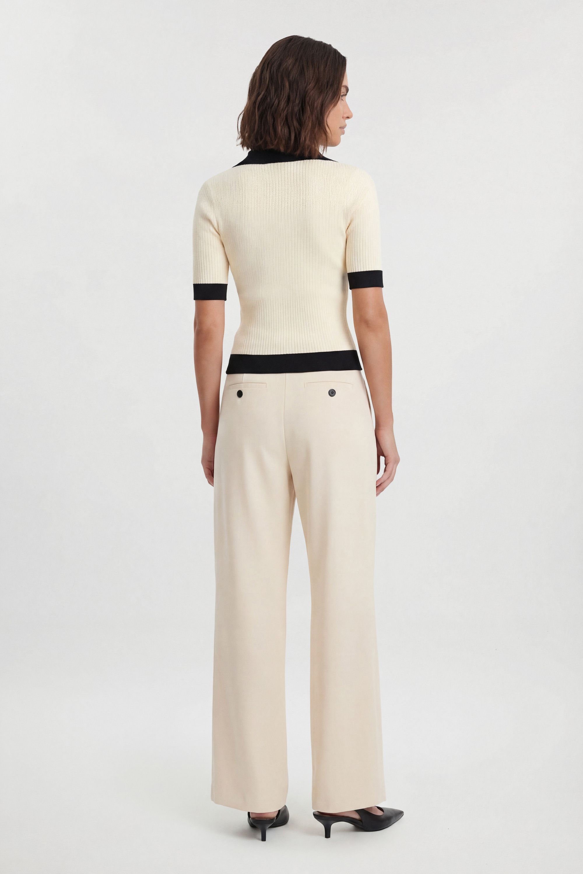 KarenMillen Knit Rib With Contrast Hem Detail Collared Short Sleeve Top