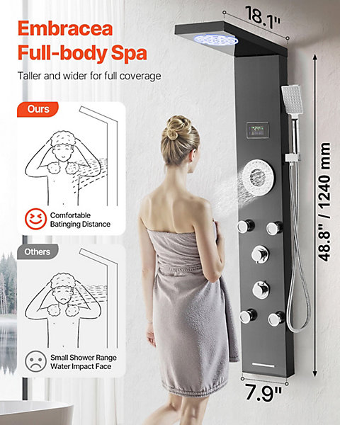 Colonne de douche inox brossé 1345mm avec pommeau pluie LED. Robinet 6 fonctions, 5 jets corporels, douchette main.