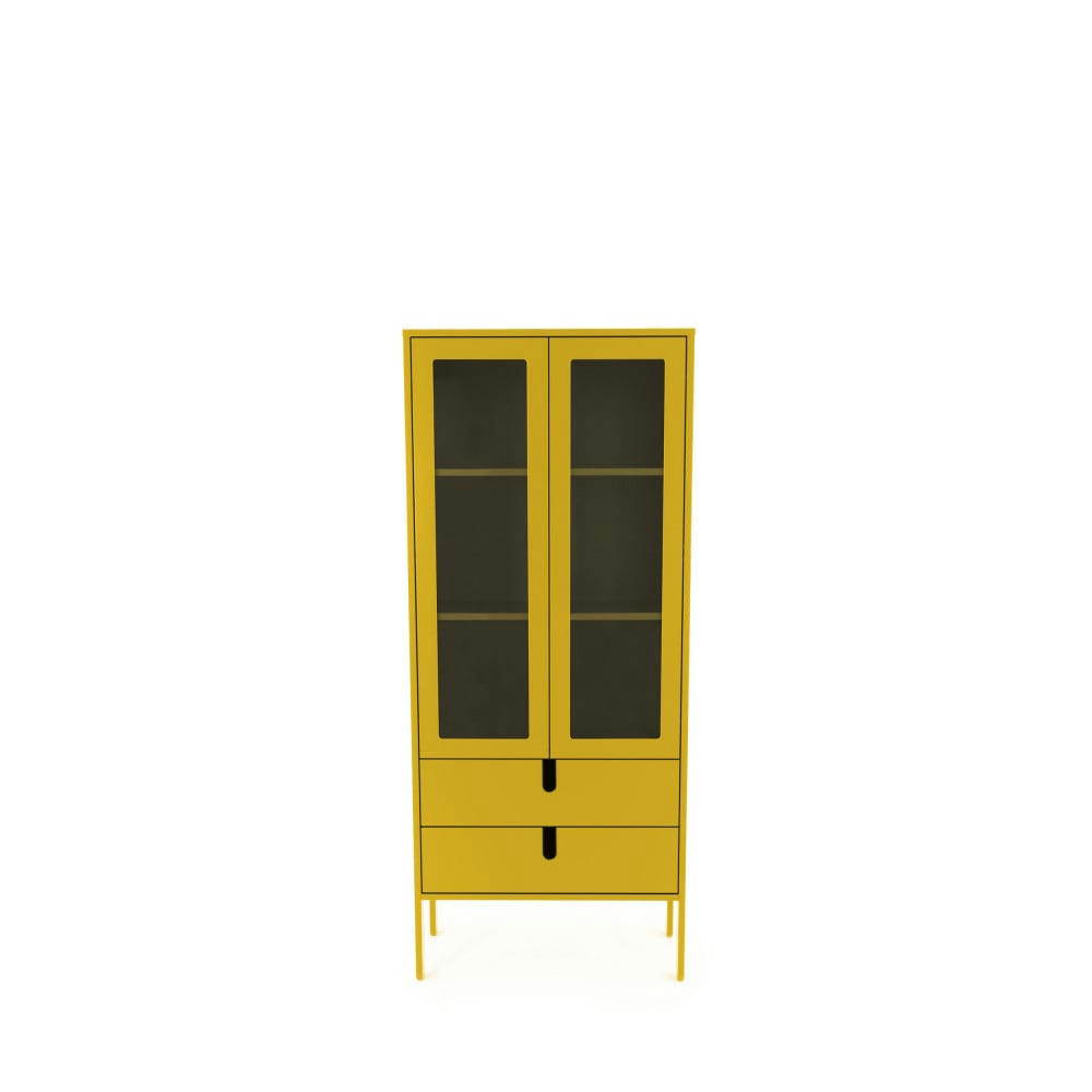 UNO - Vitrine en bois 2 portes 2 tiroirs H178cm jaune moutarde