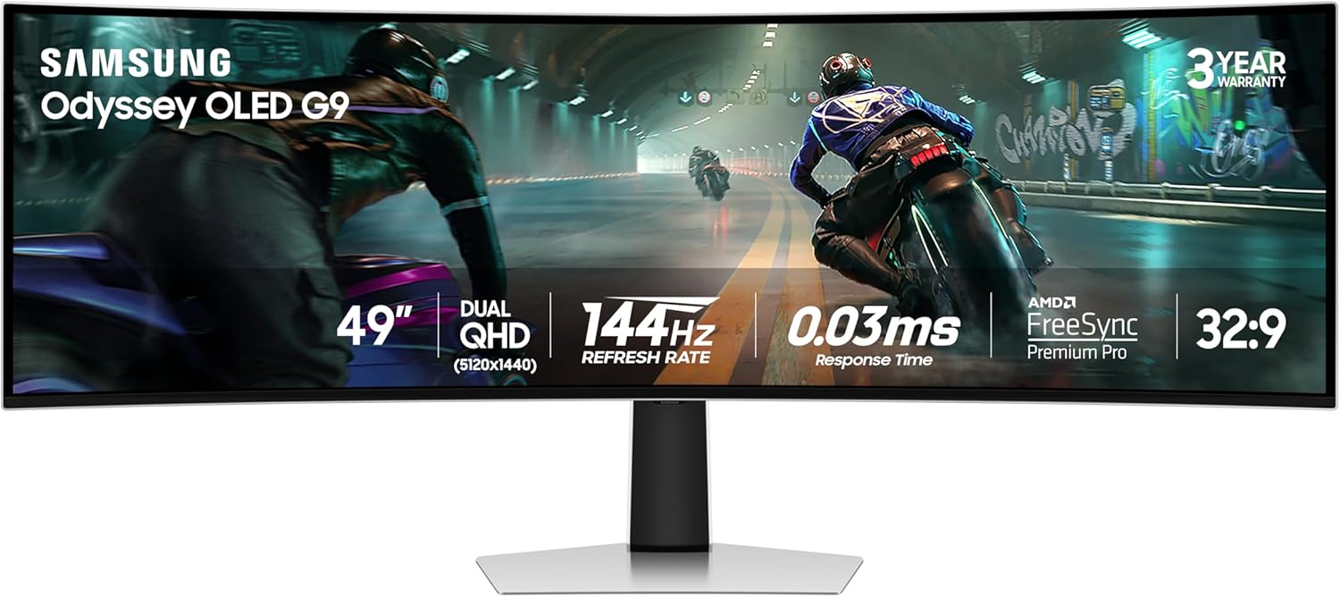 Samsung 49 Odyssey OLED G9 (G91SD) Dual QHD QD-OLED G-Sync Compatible Curved Gaming Monitor  144Hz  0.03ms  AMD FreeSync Premium Pro  Ergonomic Stand  3 Year Warranty  LS49DG910SNXZA  2024