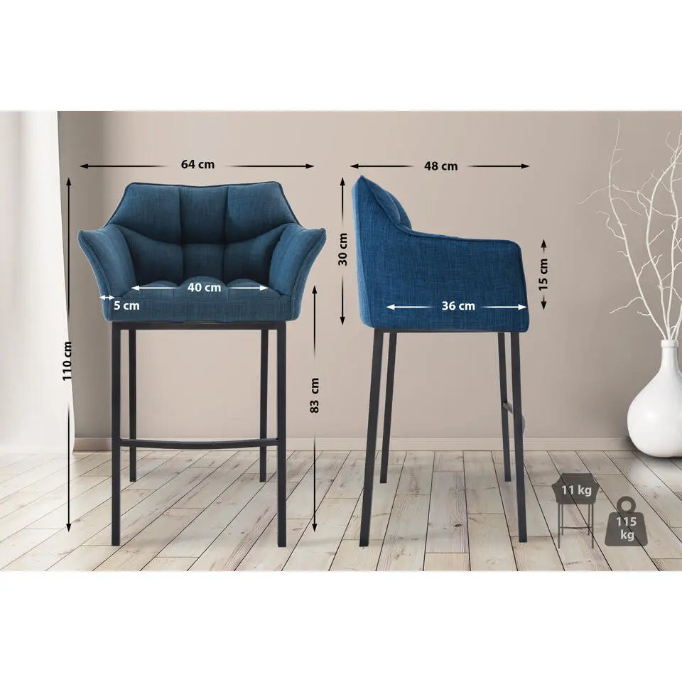 CLP Barkruk Damaso zwart Frame - Stof - blauw