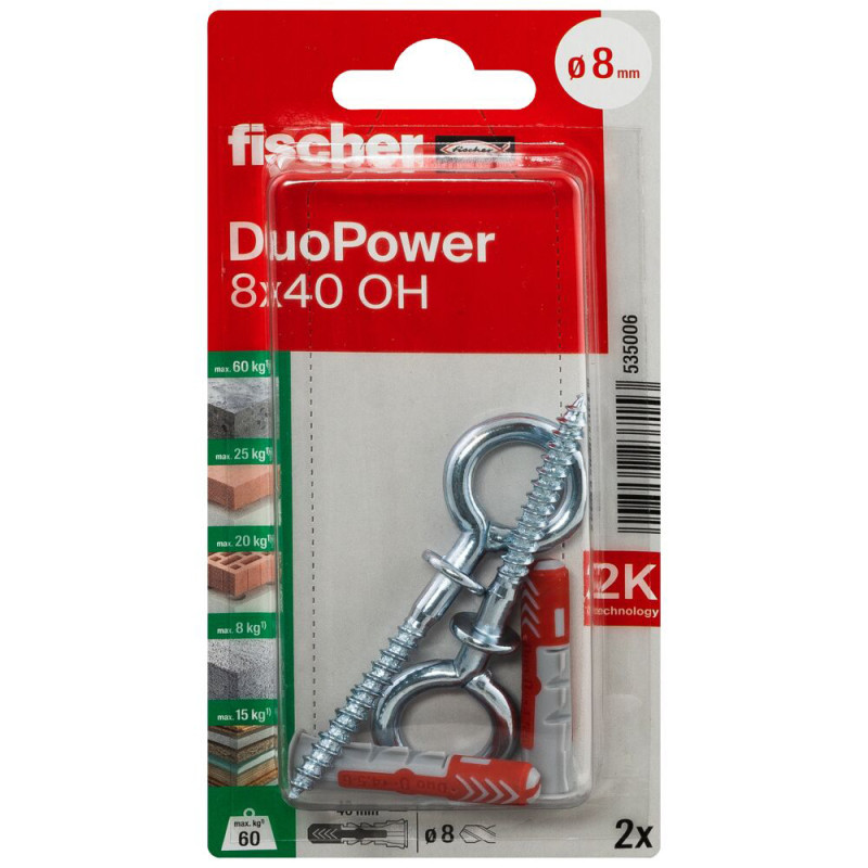 Cheville DuoPower OH en nylon avec collerette et piton Ø 8 x 40 mm 2 pièces
