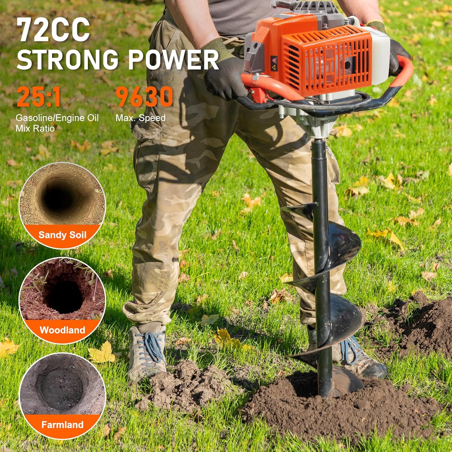 72CC Newly Upgraded Post Hole Digger Gas Powered  2 Stroke Auger Post Hole Digger with 3 Drill Bits (4 &6 & 12) + 2 Extension Rod for Planting - Ideal for Farm & Garden