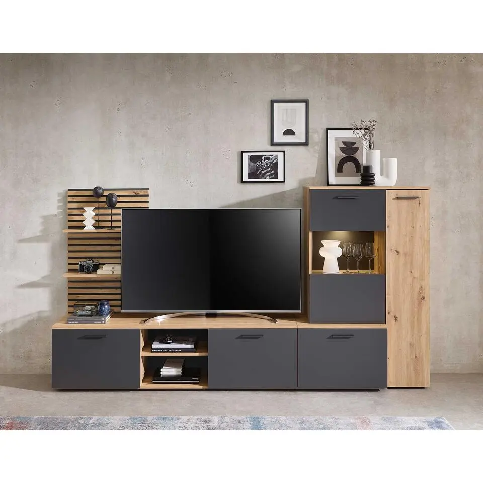 TV-wandmeubel Heath - met opbergruimte - antraciet/eikdecor