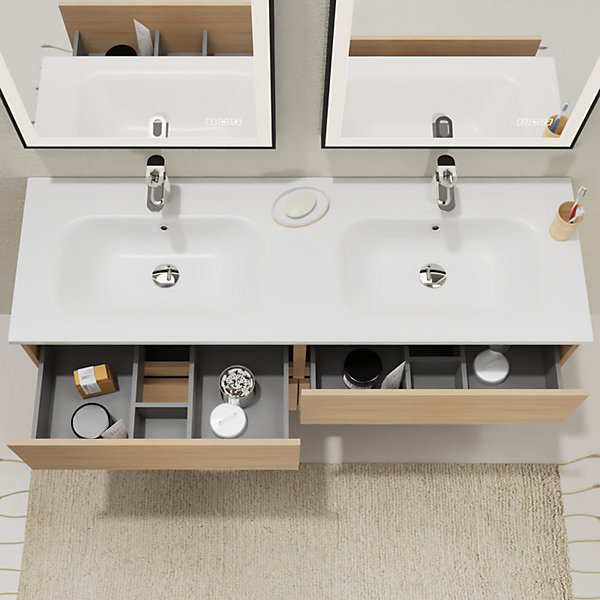 Meuble salle de bain 140 cm - Double vasque Solid surface - Effet chêne sonoma - A suspendre - Karaib 2