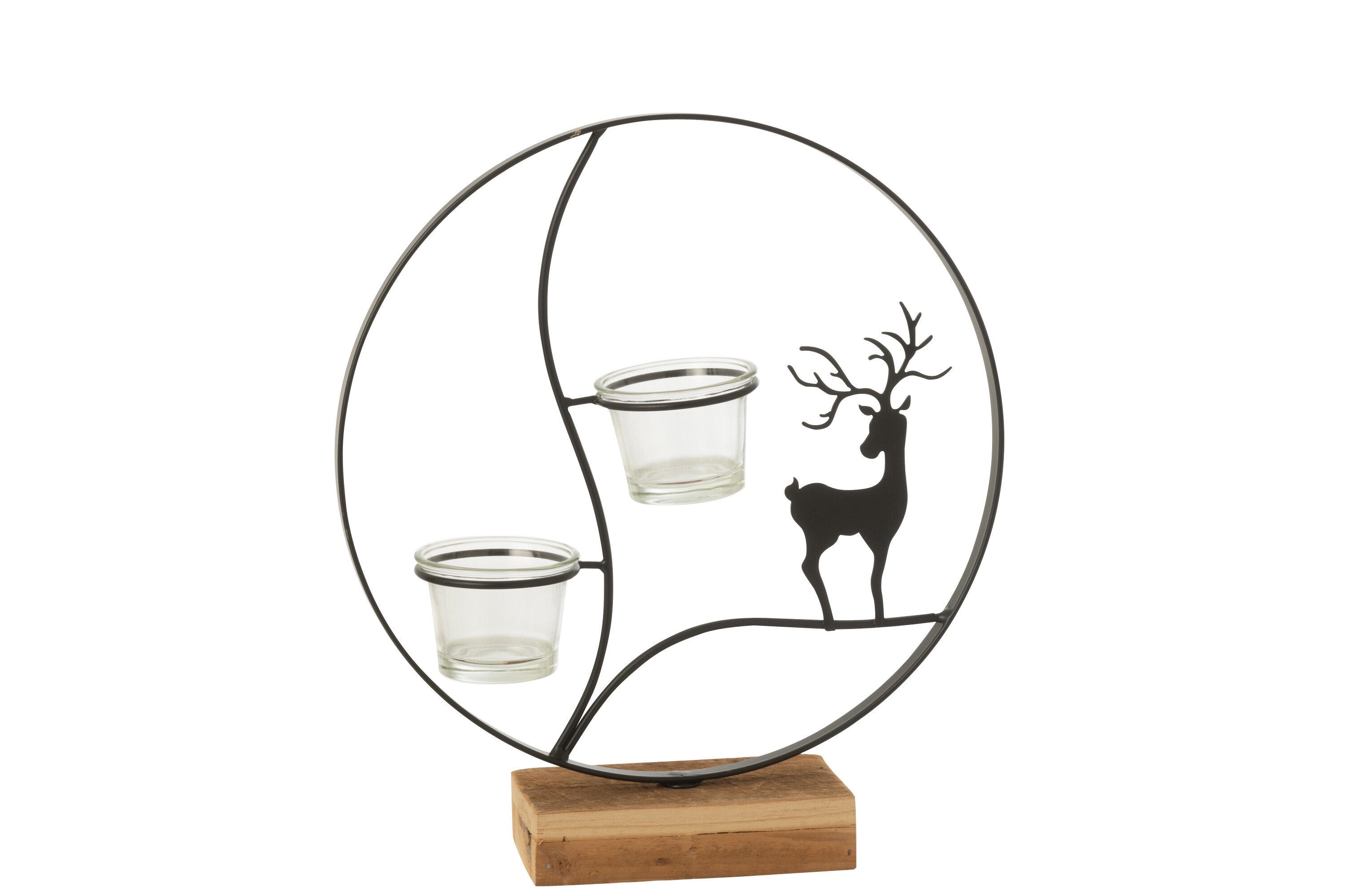 J-Line theelichthouder Rond - hout - zwart/naturel
