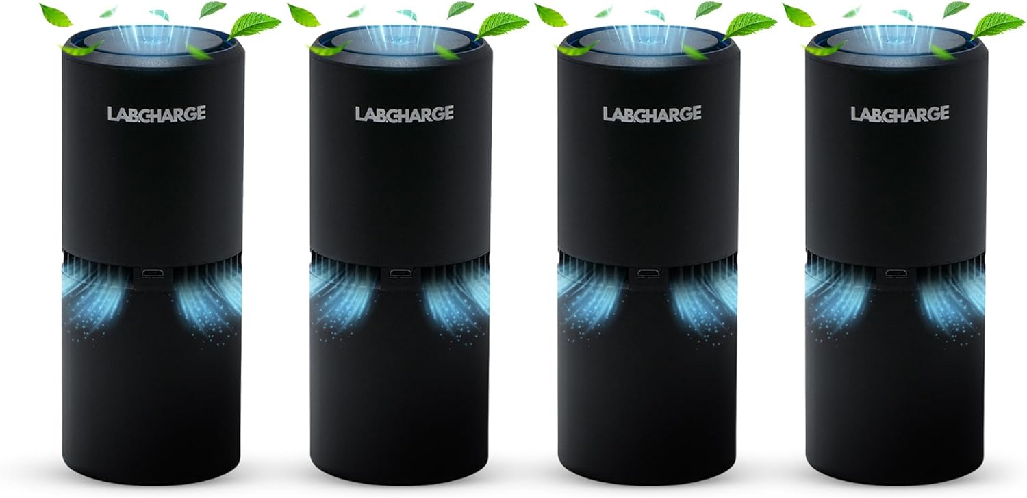 Lab Charge Small Ionic Air Purifier for Home & Bedroom – Silent HEPA Filter – Covers 250 Sq Ft - Free Cleaner – Compact & Black Design - Pack of 4