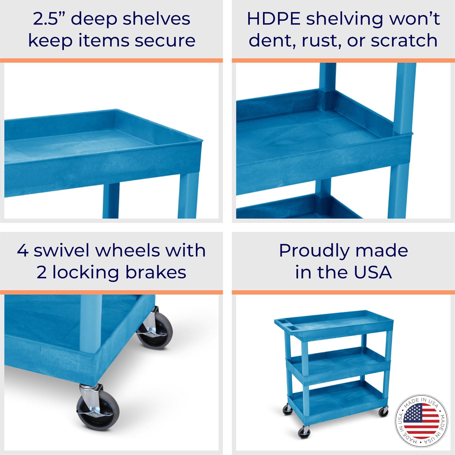Stand Steady Tubstr 3 Shelf Utility Cart | Made in USA | Heavy Duty Tub Cart Holds Up to 300 lbs. | Storage Cart & Rolling Tool Cart for School, Office, Garage & Warehouse (32 x 24in / Blue)