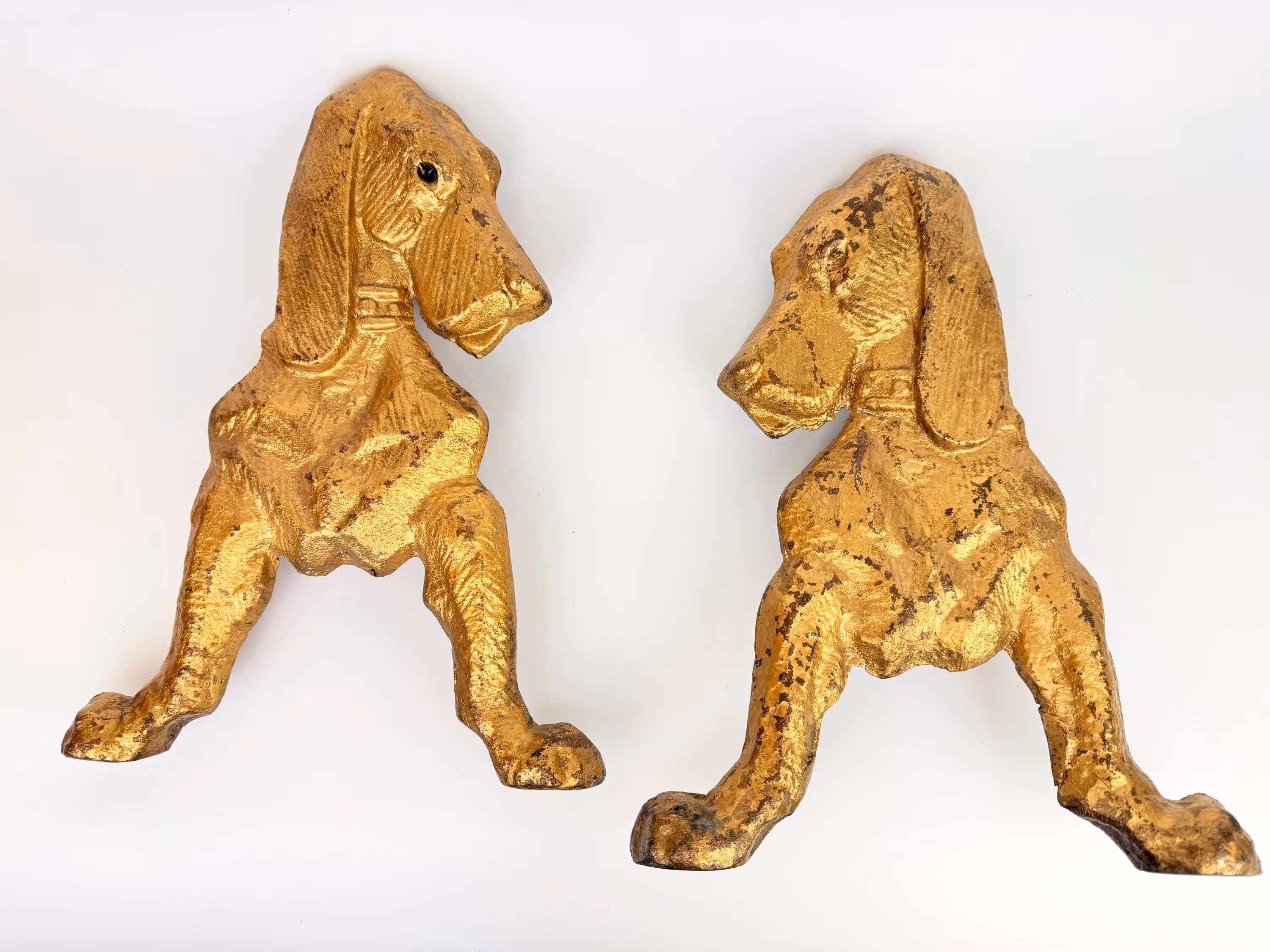 Vintage Solid Cast Brass Decorative Hound Dog Andirons Pair - Fireplace Hearth Decor