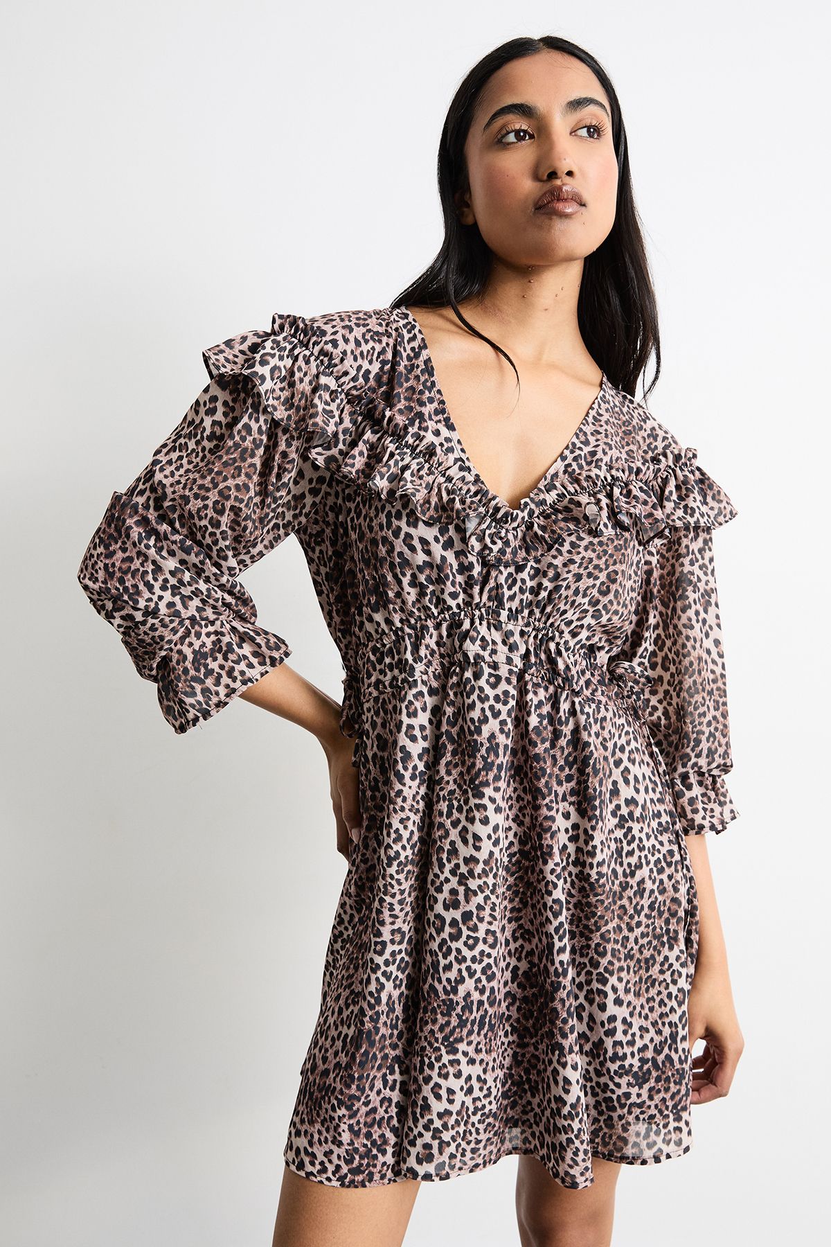 Warehouse Printed Ruffle Shoulder Detail V Neck Boho Mini Dress