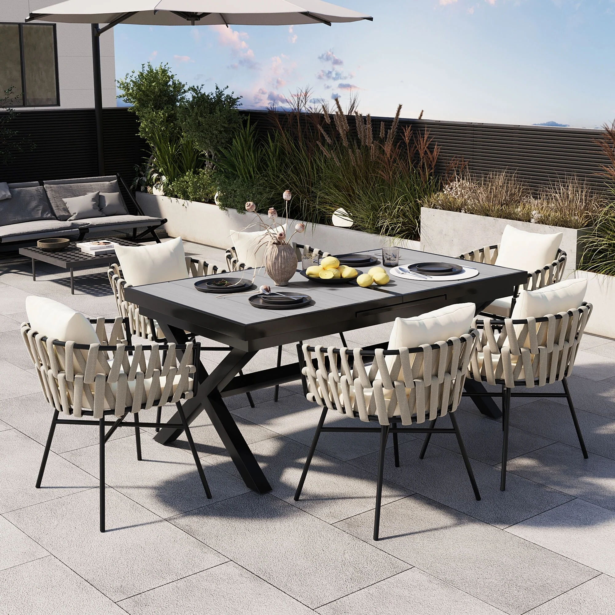 Discover unmatched flexibility in alfresco dining with six creatively arranged chairs made of polyester woven tape and a