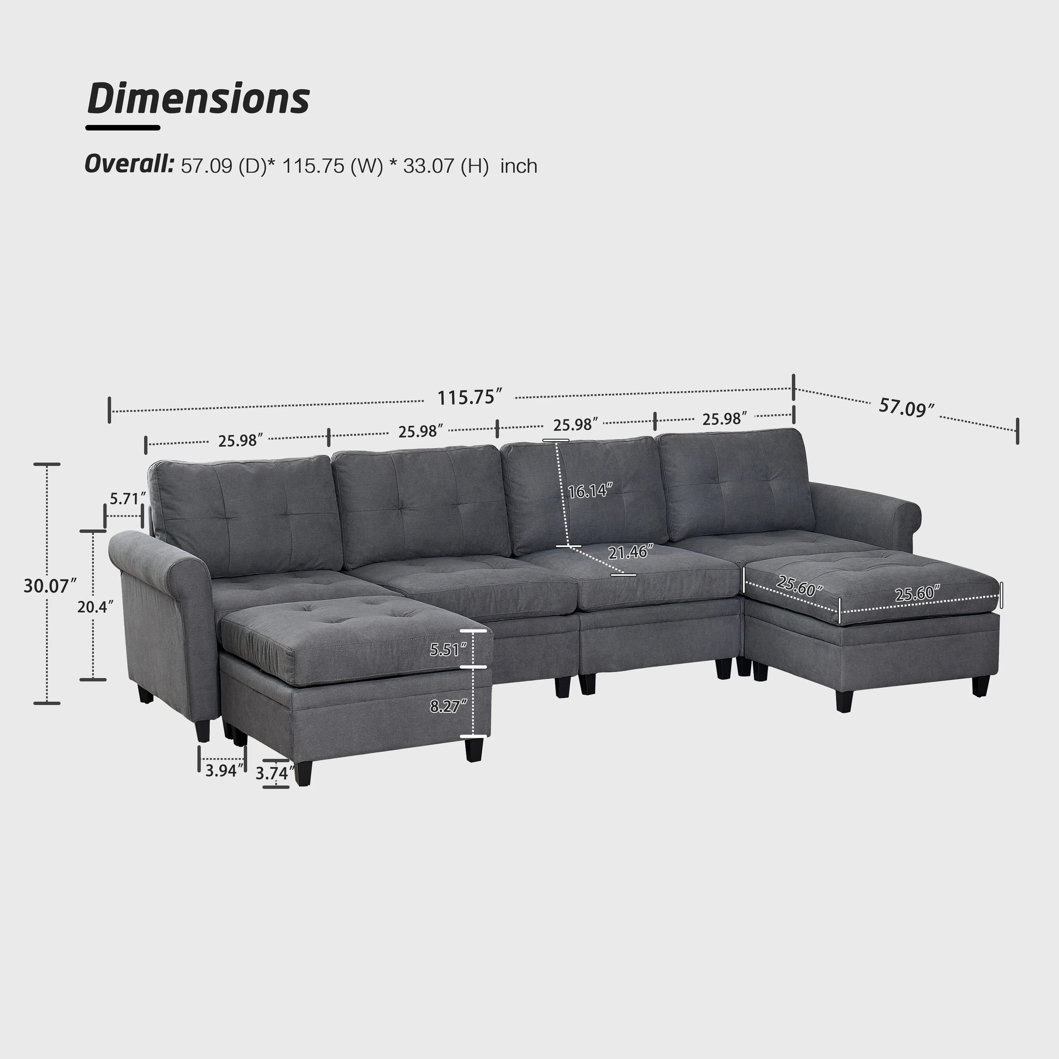 115.75 Convertible U-Shaped 6-Seater Sofa with Double Chaise
