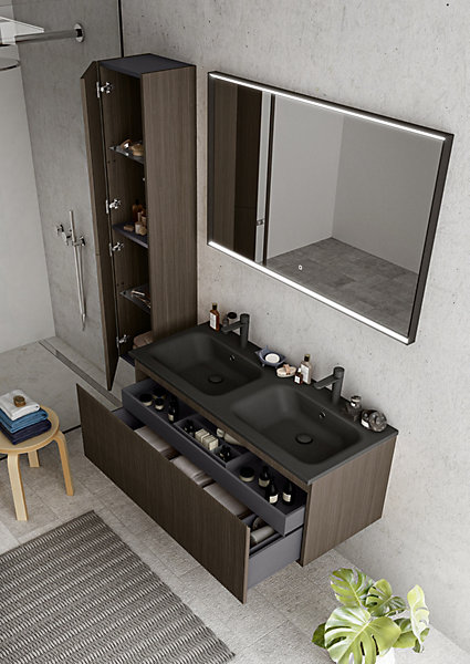 Meuble vasque suspendu plaqué noyer strié l.120 cm   plan double vasque noir mat résine, Pura