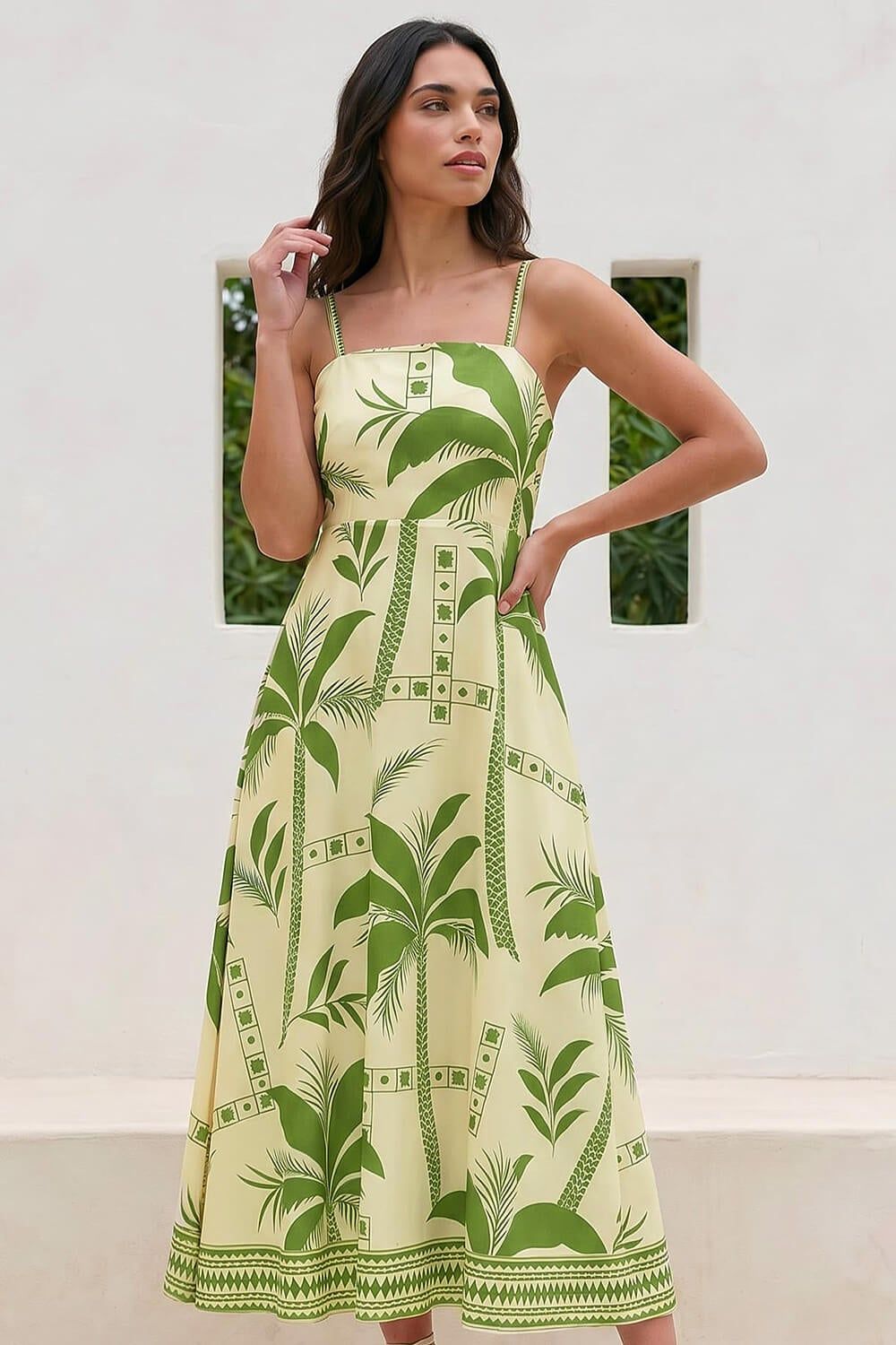 Roman Strappy Palm Print Midi Dress