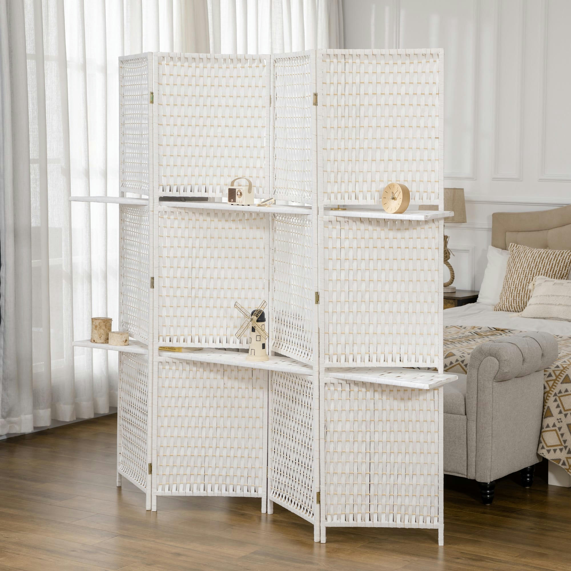 - Paravent intérieur 4 panneaux 2 étagères pliables blanc paille
