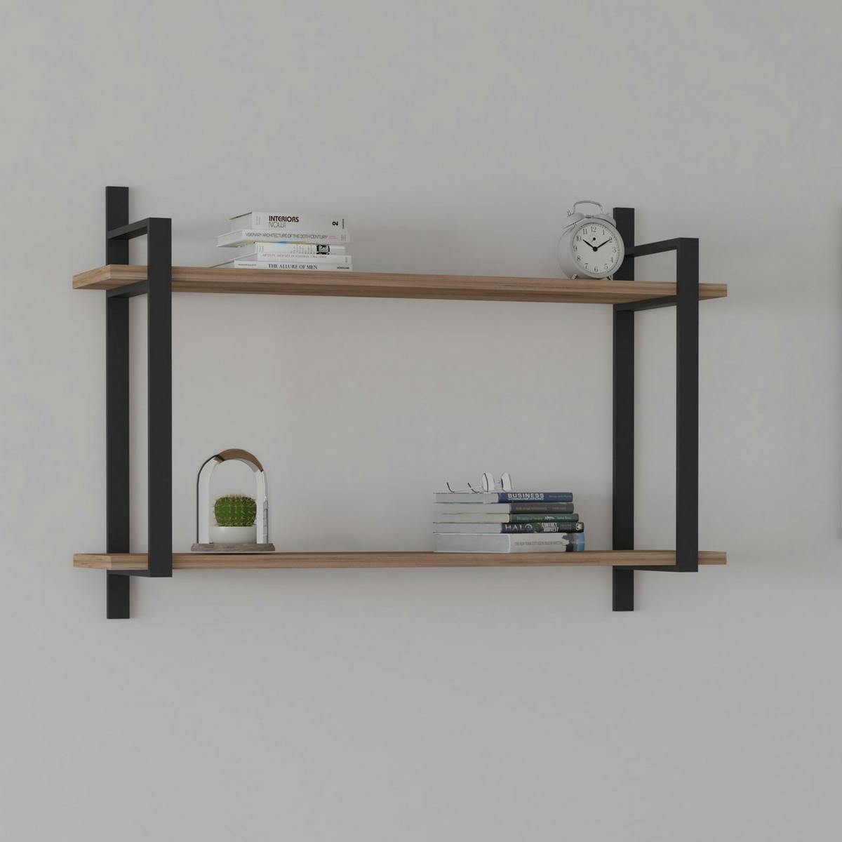 Étagère moderne décor bois 2 plateaux à cadres métal JENA
