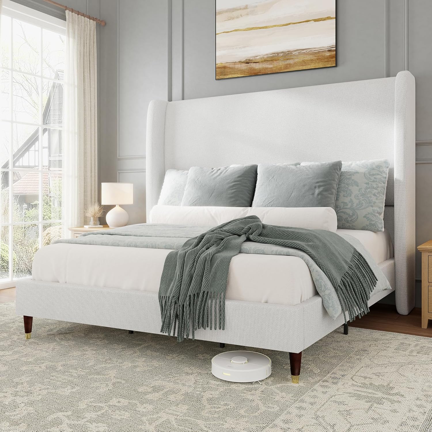 Jocisland King Upholstered Platform Bed Frame with 51.2 Tall Wingback Headboard–Solid Wood Legs, No Box Spring Needed, White Linen–Modern Style for Any Bedroom
