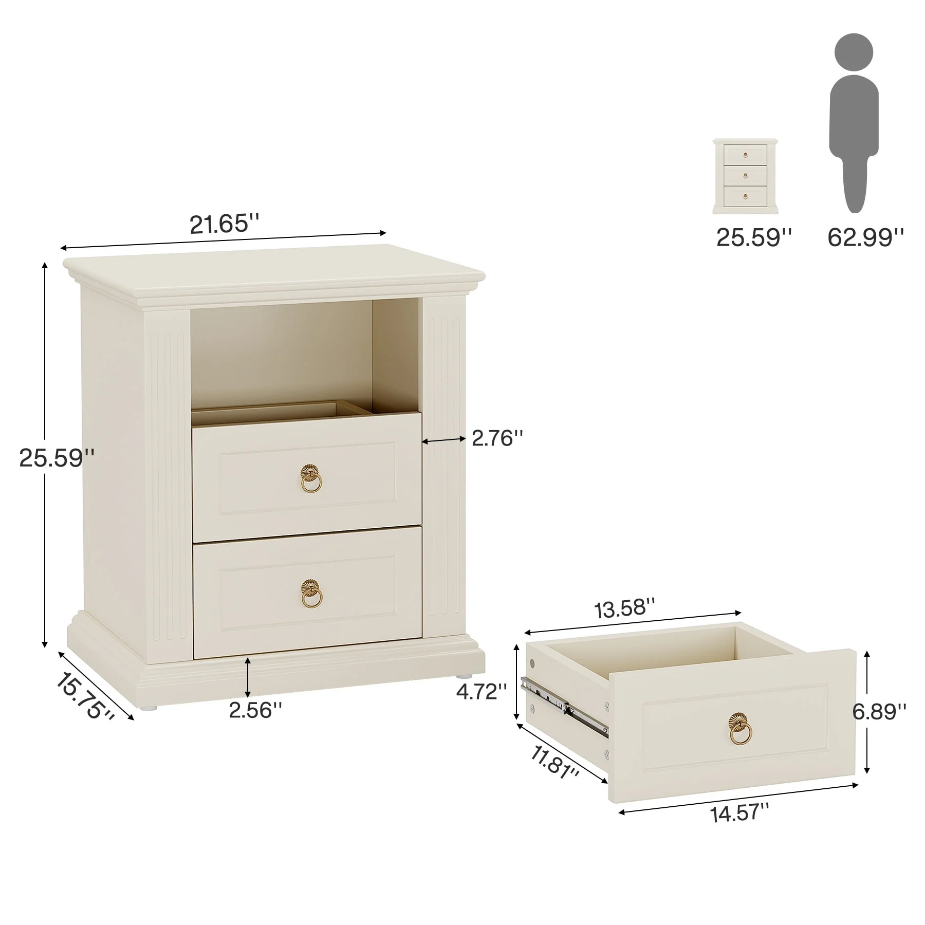 3 Drawer Nightstand Set of 2, Wood Night Stand Modern Bedside Table