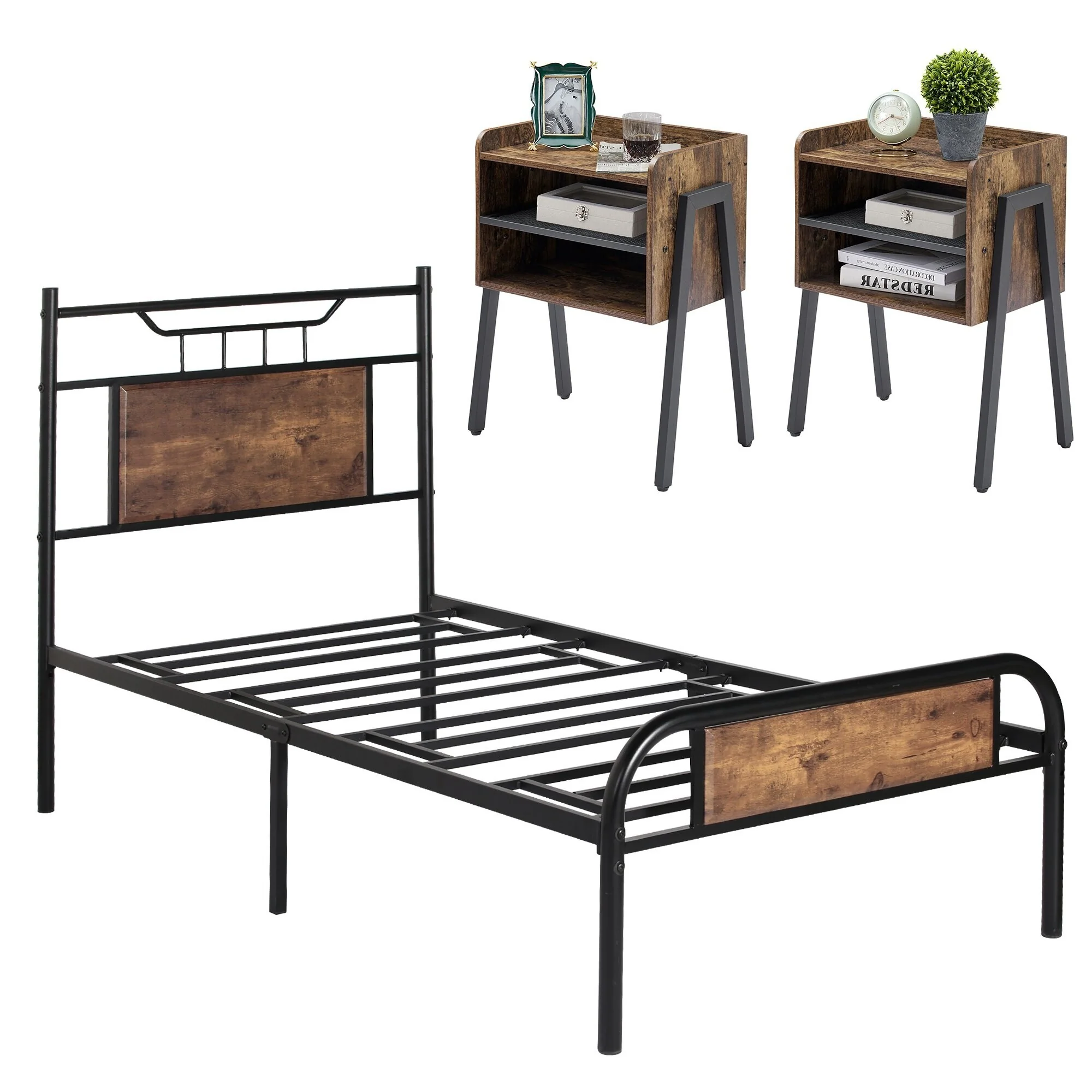 VECELO Industrial 3-pieces Bed and Modern Nightstands Set