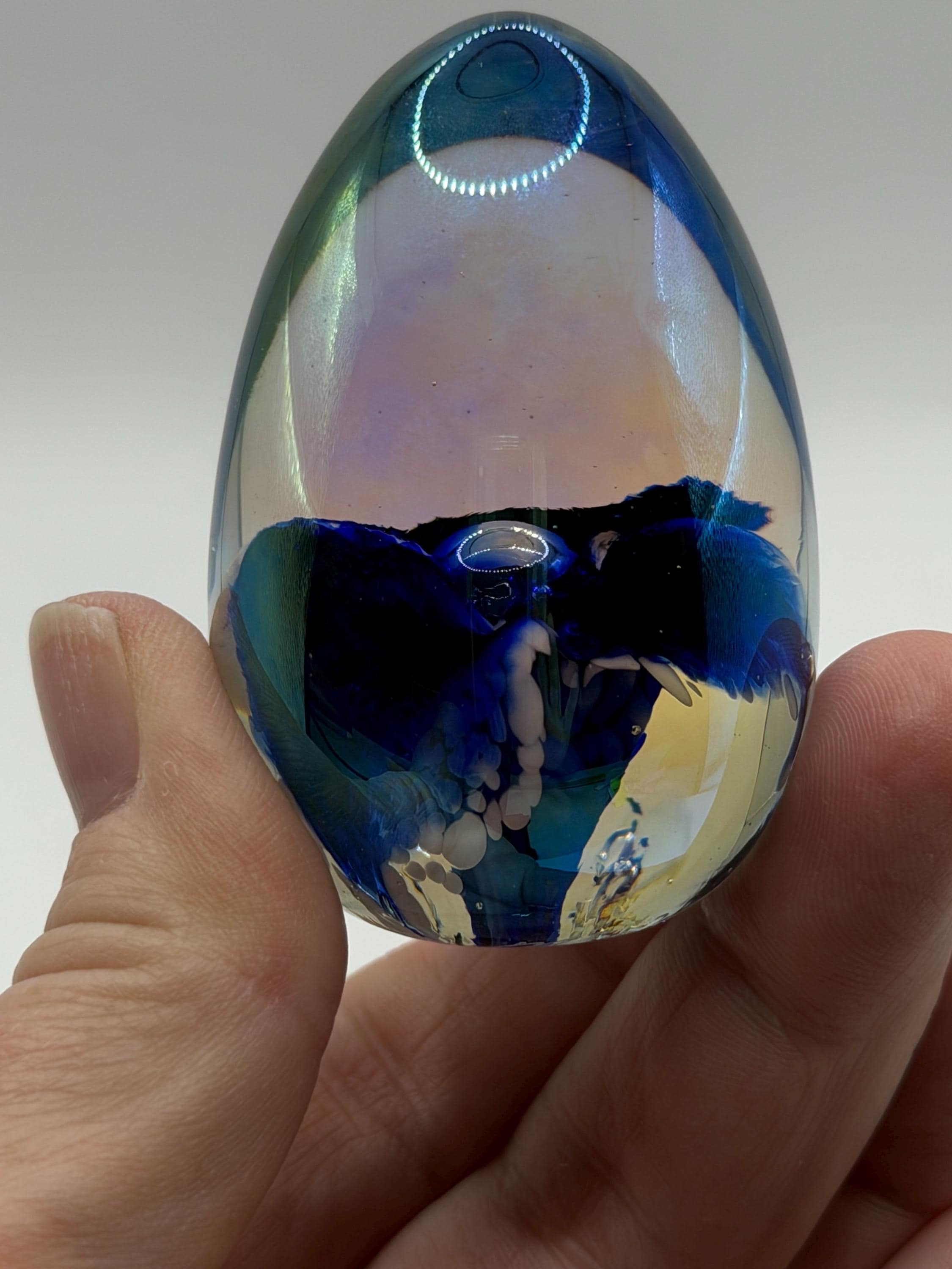 Mount Saint Helen's Iridescent Art Glass Egg Paperweight With Floral Design Signed, MSH 85