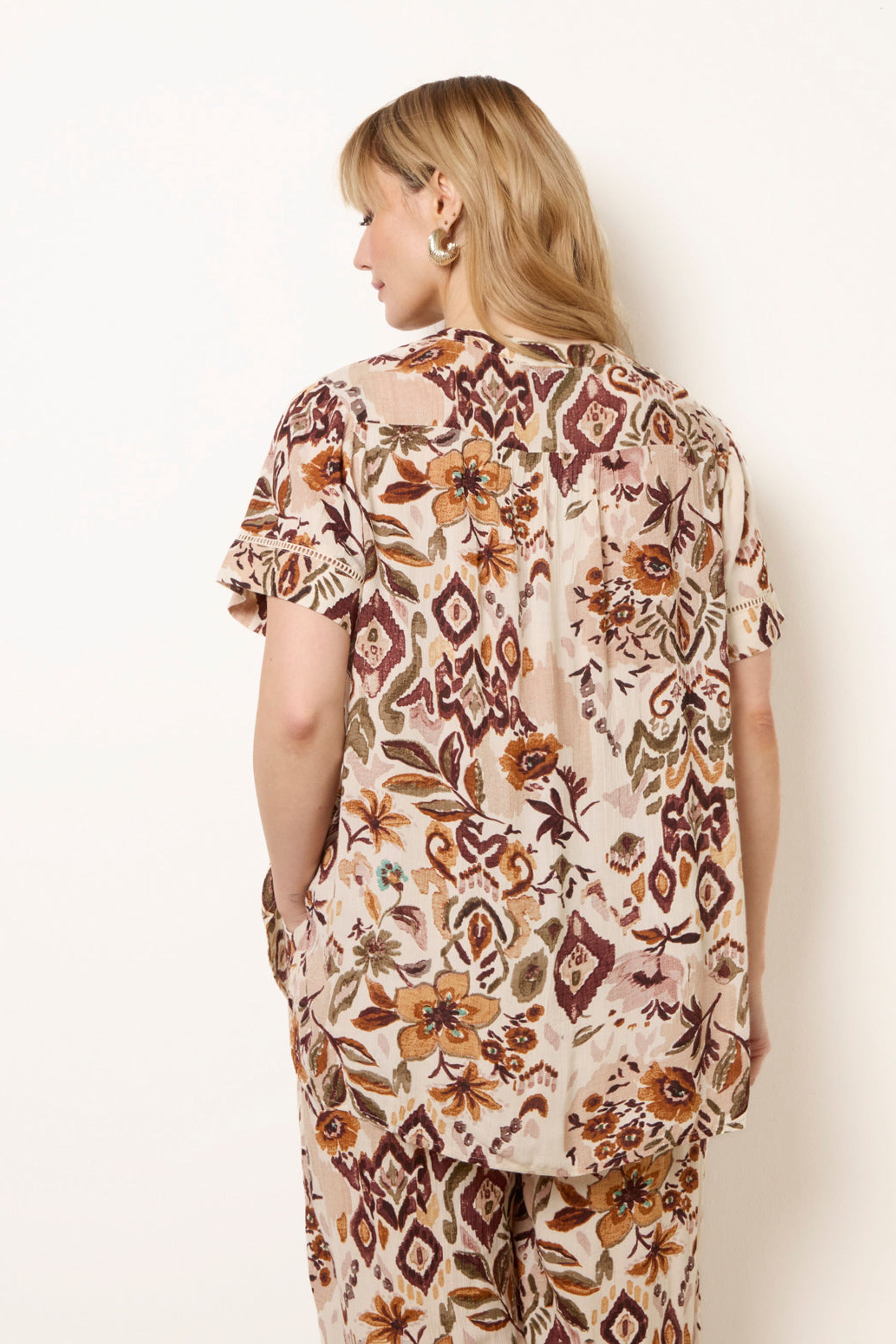 Blue Vanilla Brown Paisley V Neck Collarless Shirt